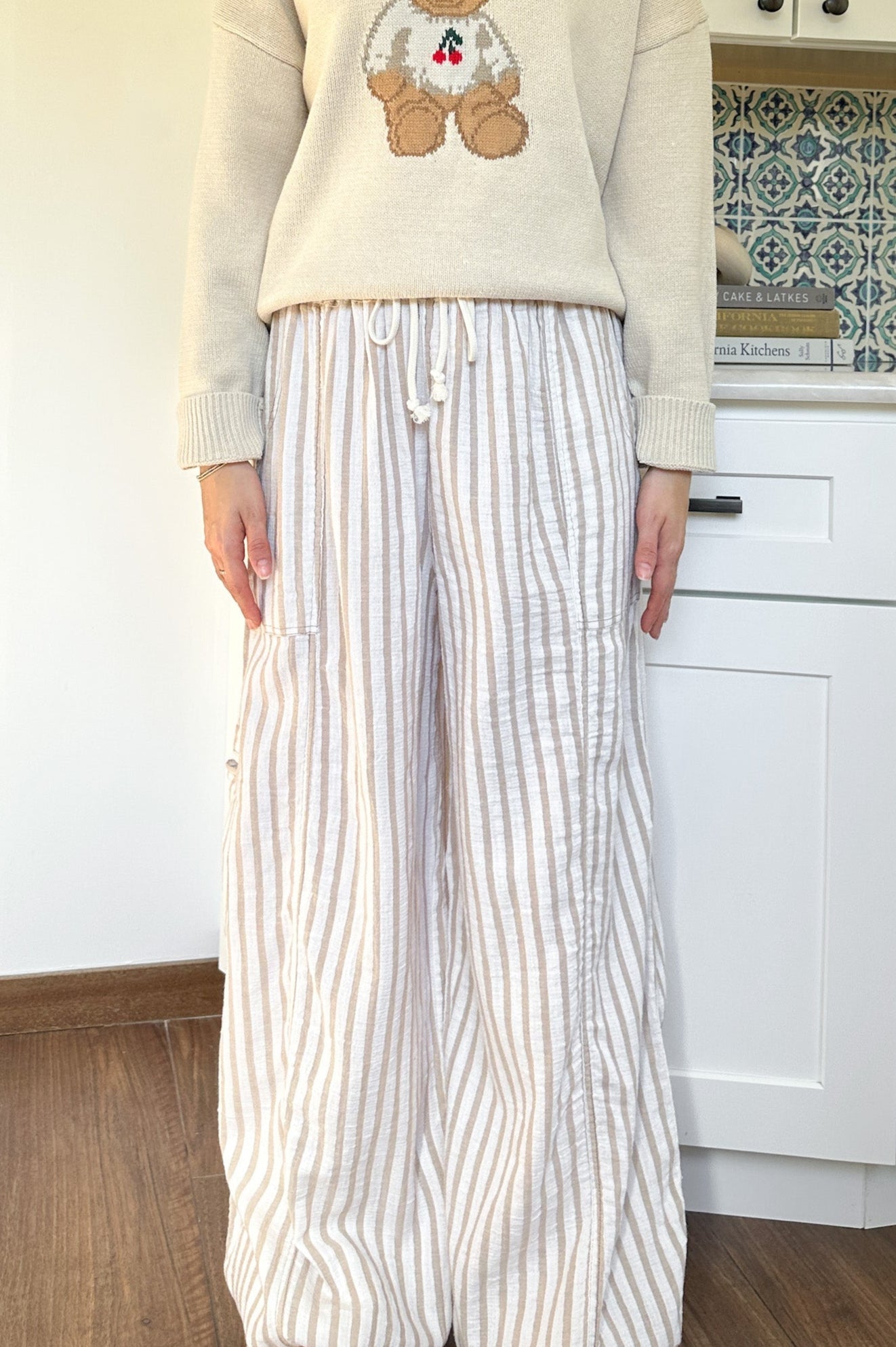 Josie Relaxed Striped Cotton Trousers in Taupe - Neutral Ground
