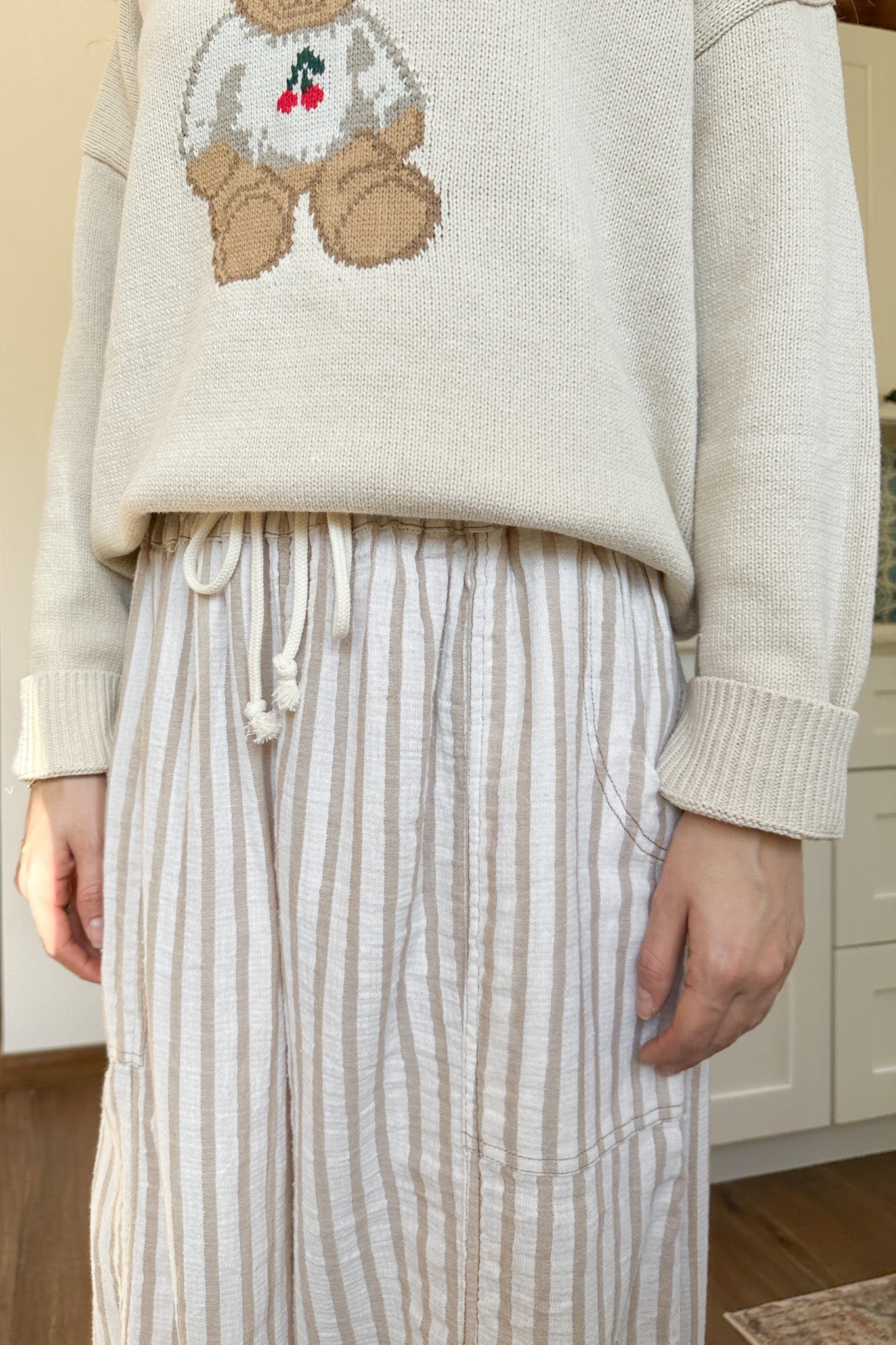 Josie Relaxed Striped Cotton Trousers in Taupe - Neutral Ground