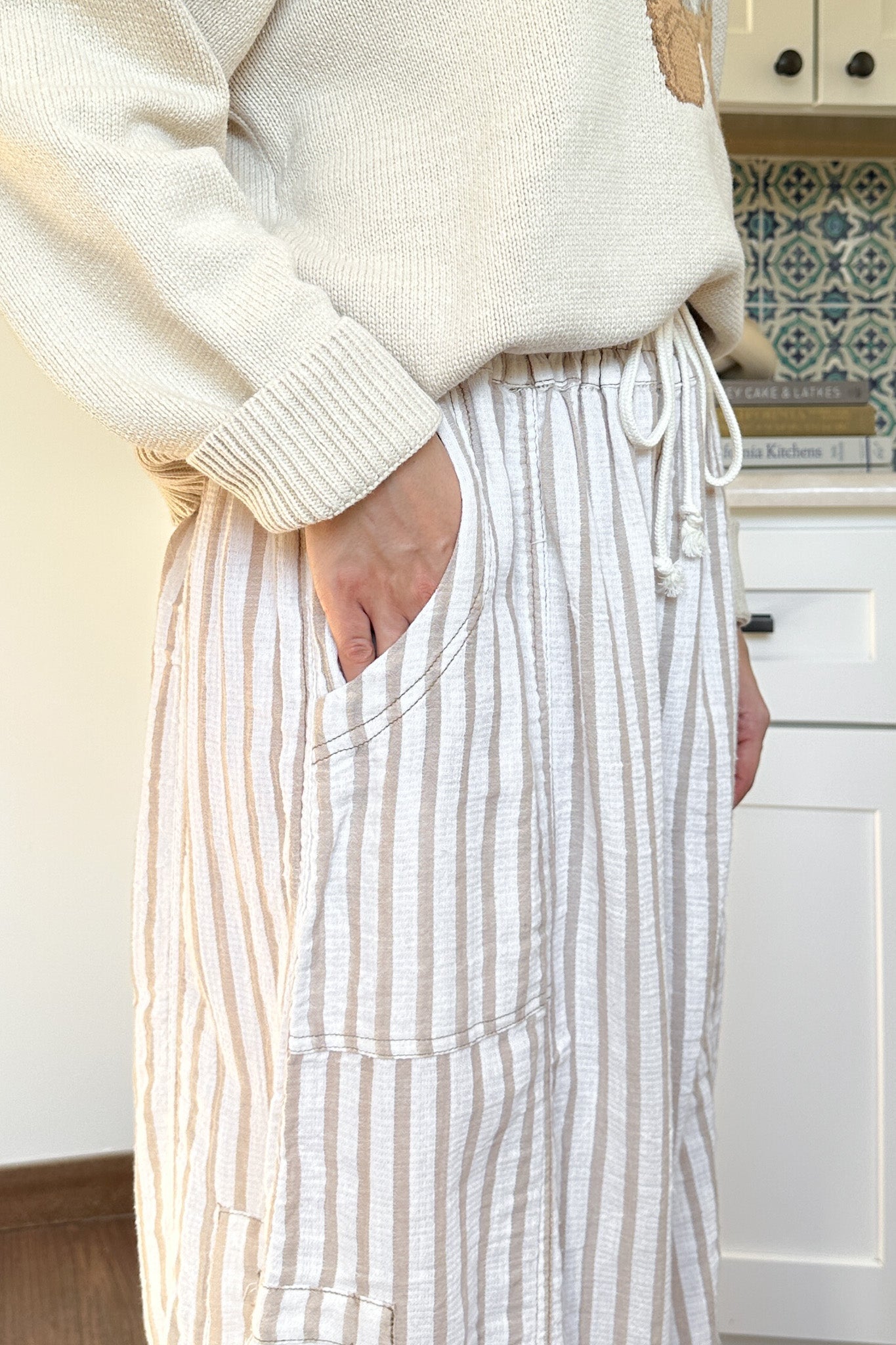 Josie Relaxed Striped Cotton Trousers in Taupe - Neutral Ground