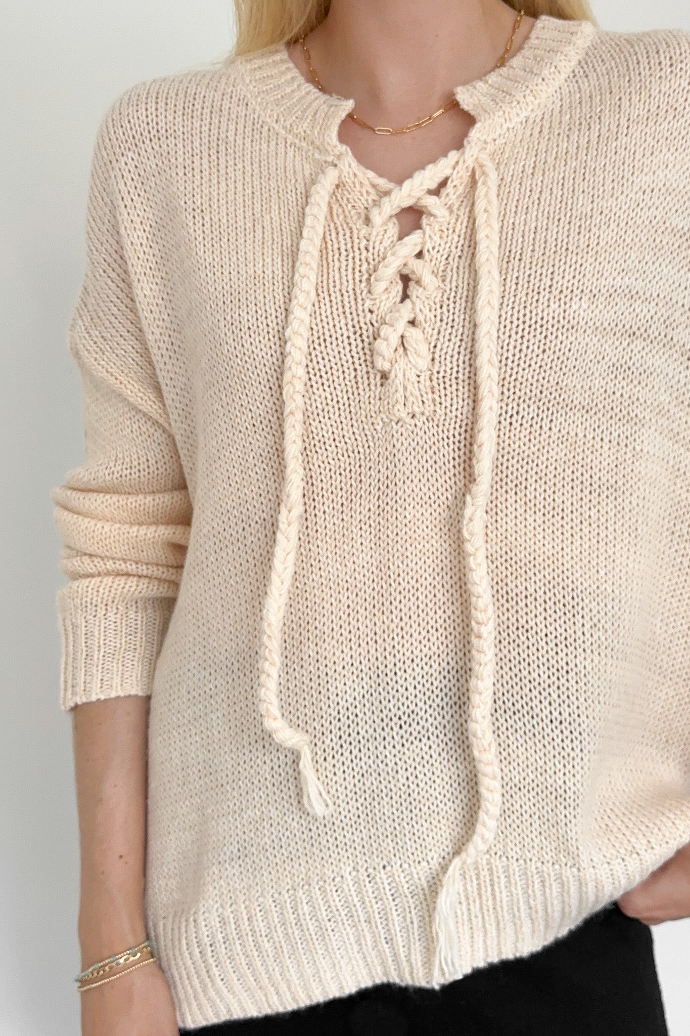 Khloe Lace Up Front Sweater Top - Neutral Ground