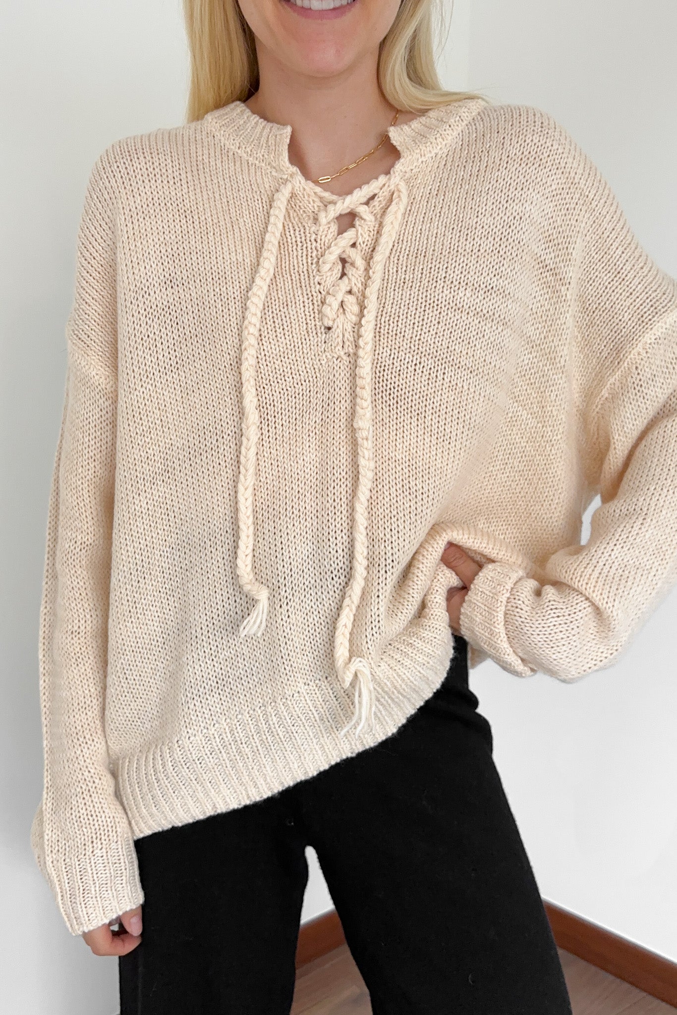 Khloe Lace Up Front Sweater Top - Neutral Ground