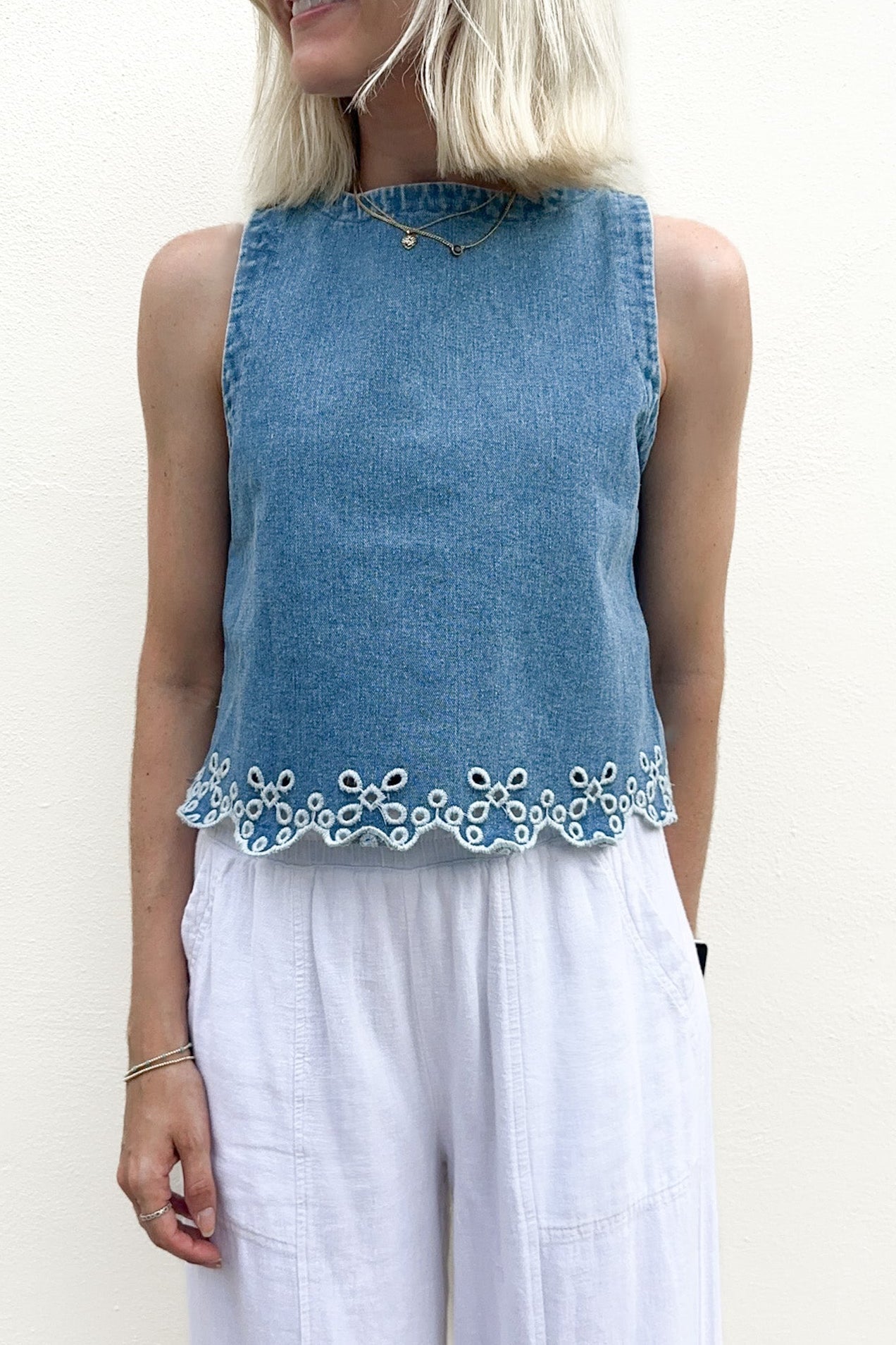 Laney Eyelet Hem Tie Back Denim Top - Neutral Ground