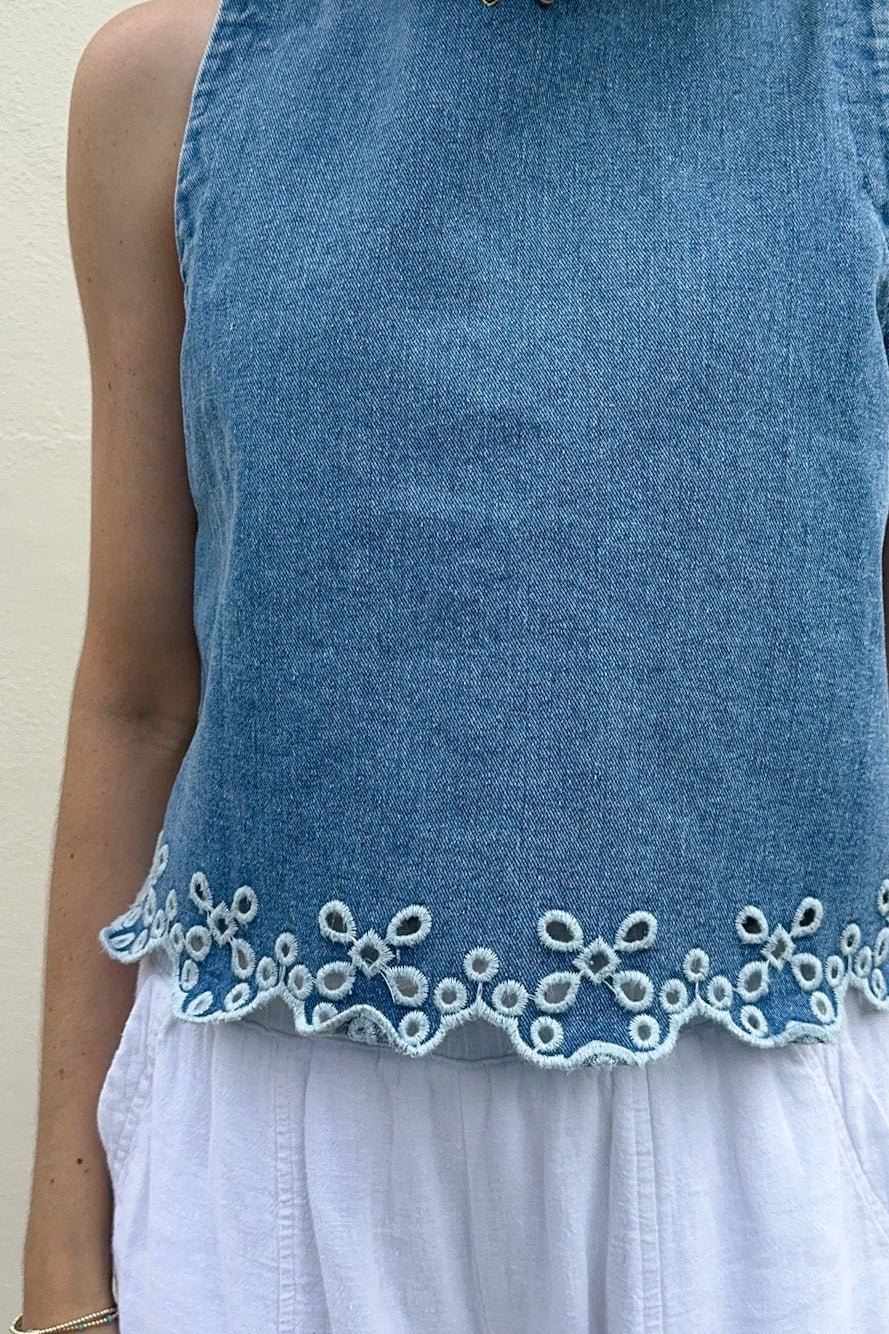 Laney Eyelet Hem Tie Back Denim Top - Neutral Ground