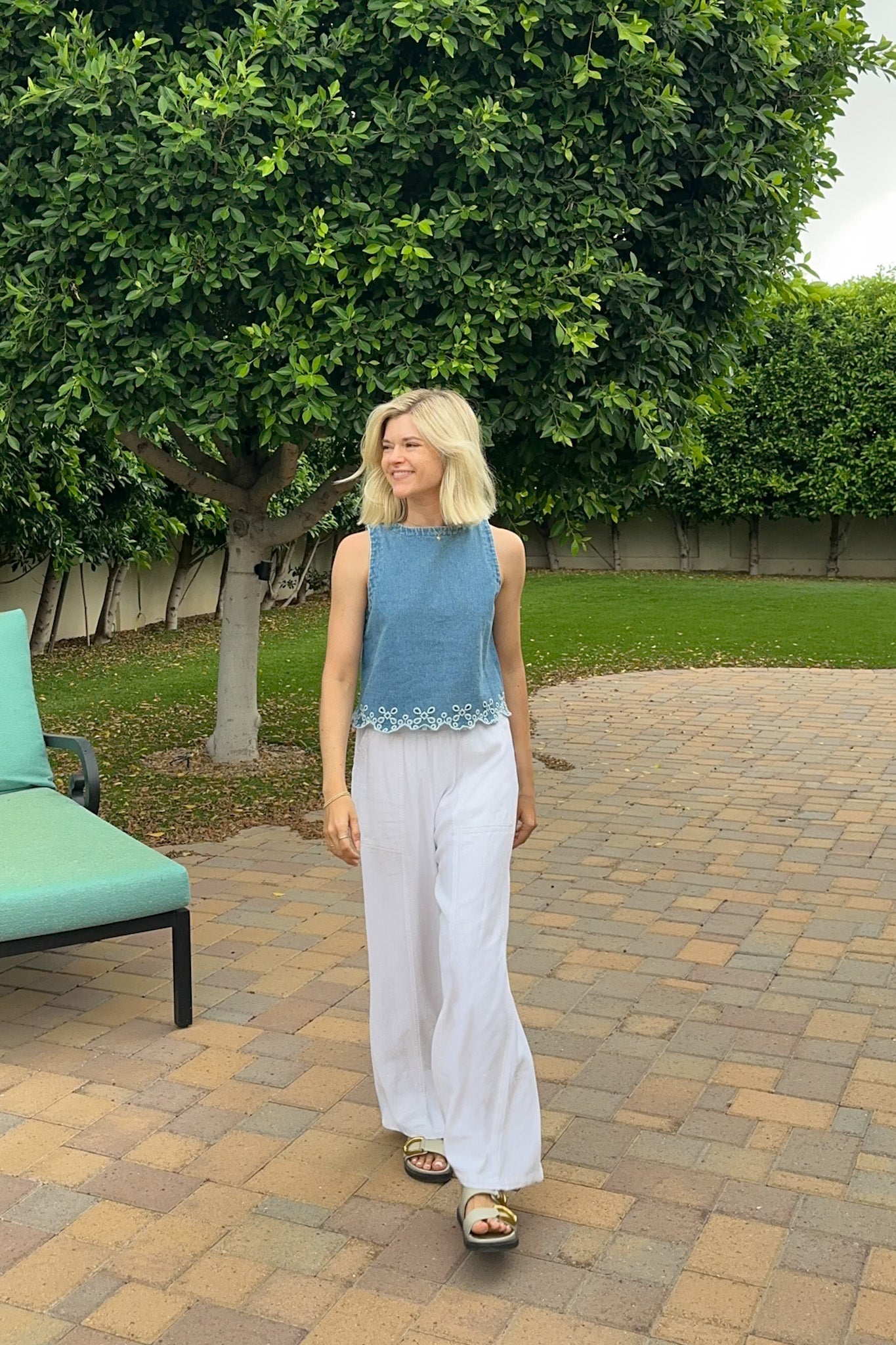 Laney Eyelet Hem Tie Back Denim Top - Neutral Ground