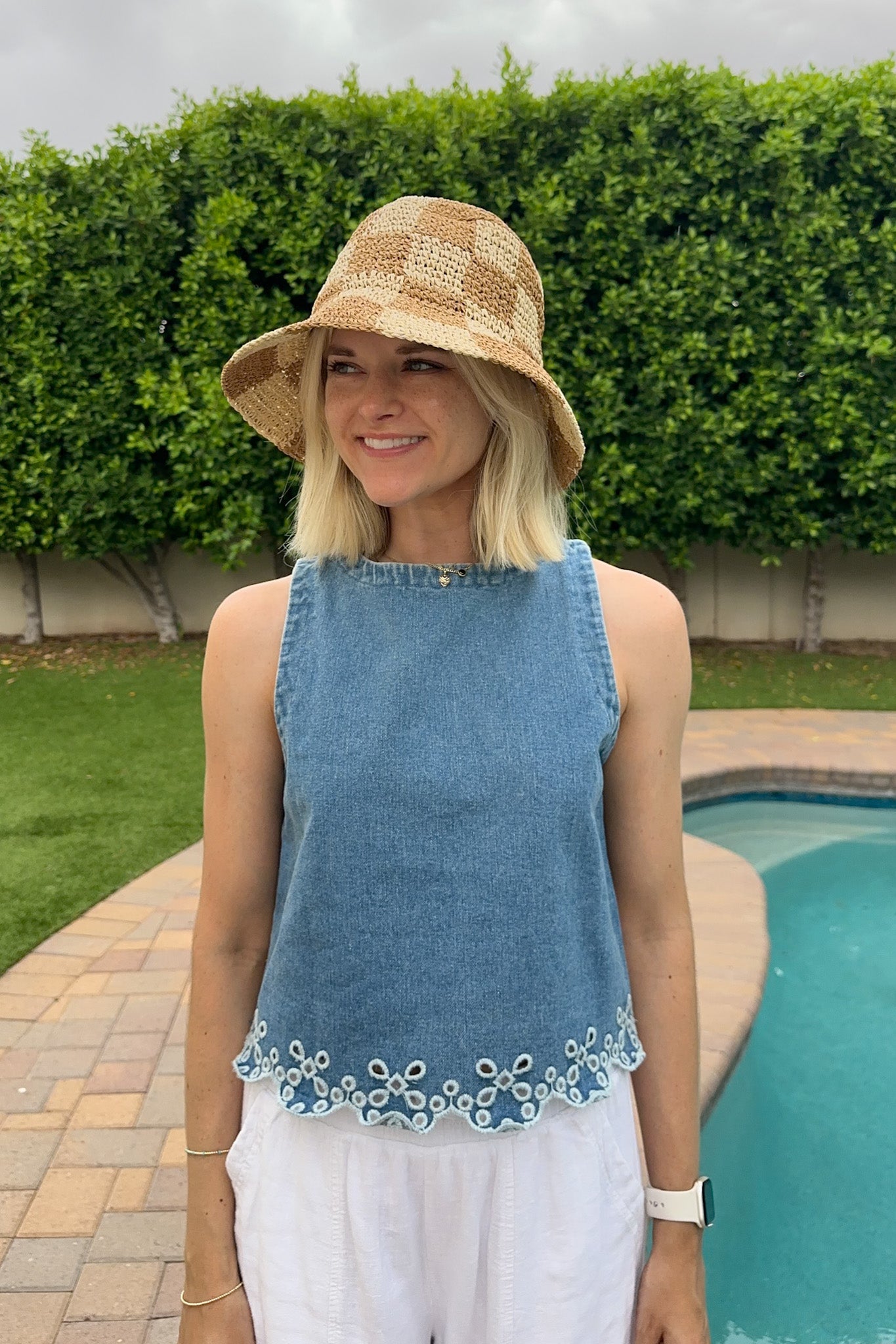 Laney Eyelet Hem Tie Back Denim Top - Neutral Ground