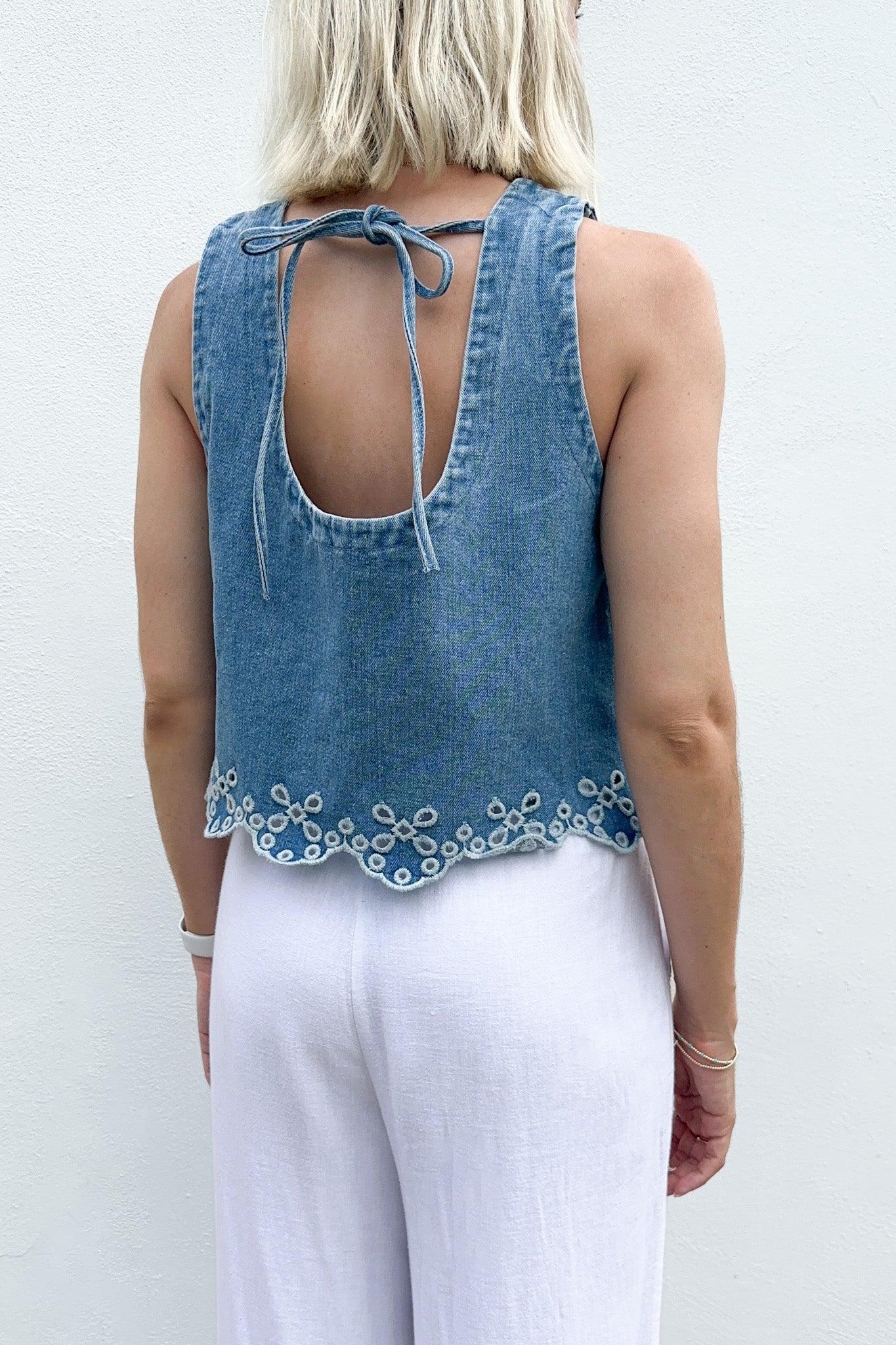 Laney Eyelet Hem Tie Back Denim Top - Neutral Ground