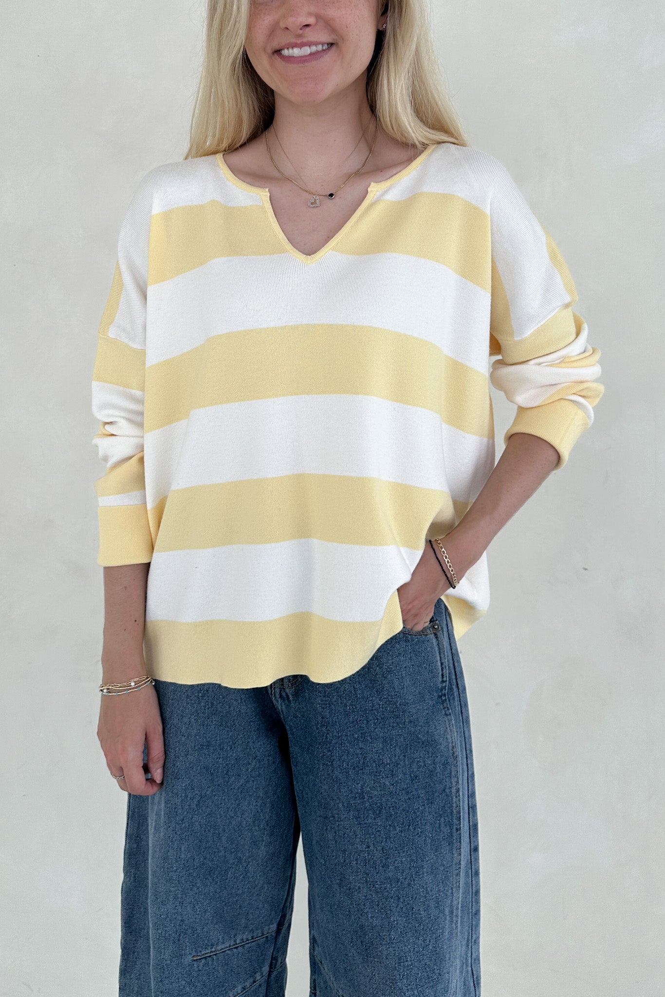 Laurel Split Neck Striped Lightweight Sweater - Neutral Ground