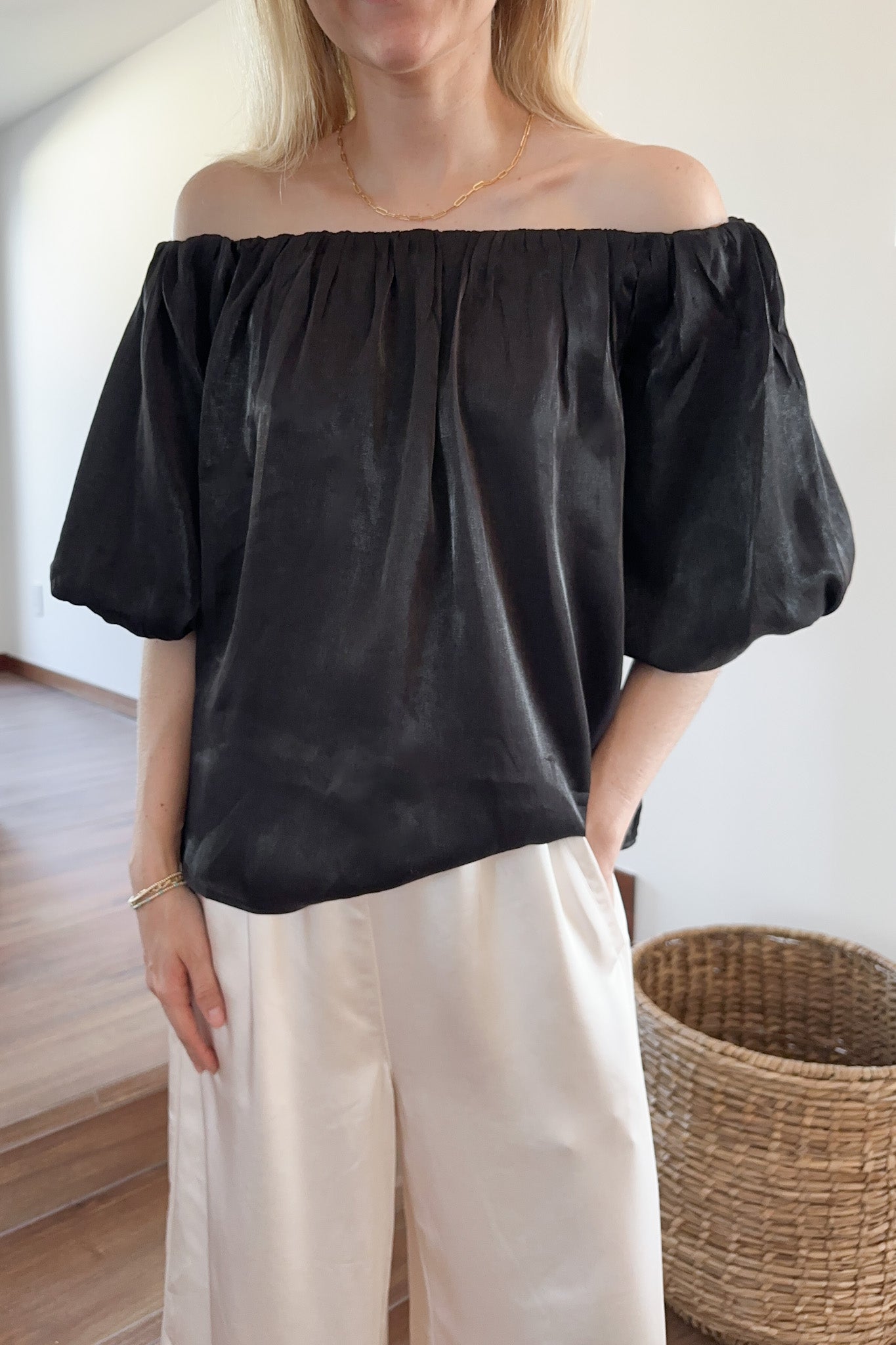Let's Party Off The Shoulder Satin Blouse - Neutral Ground