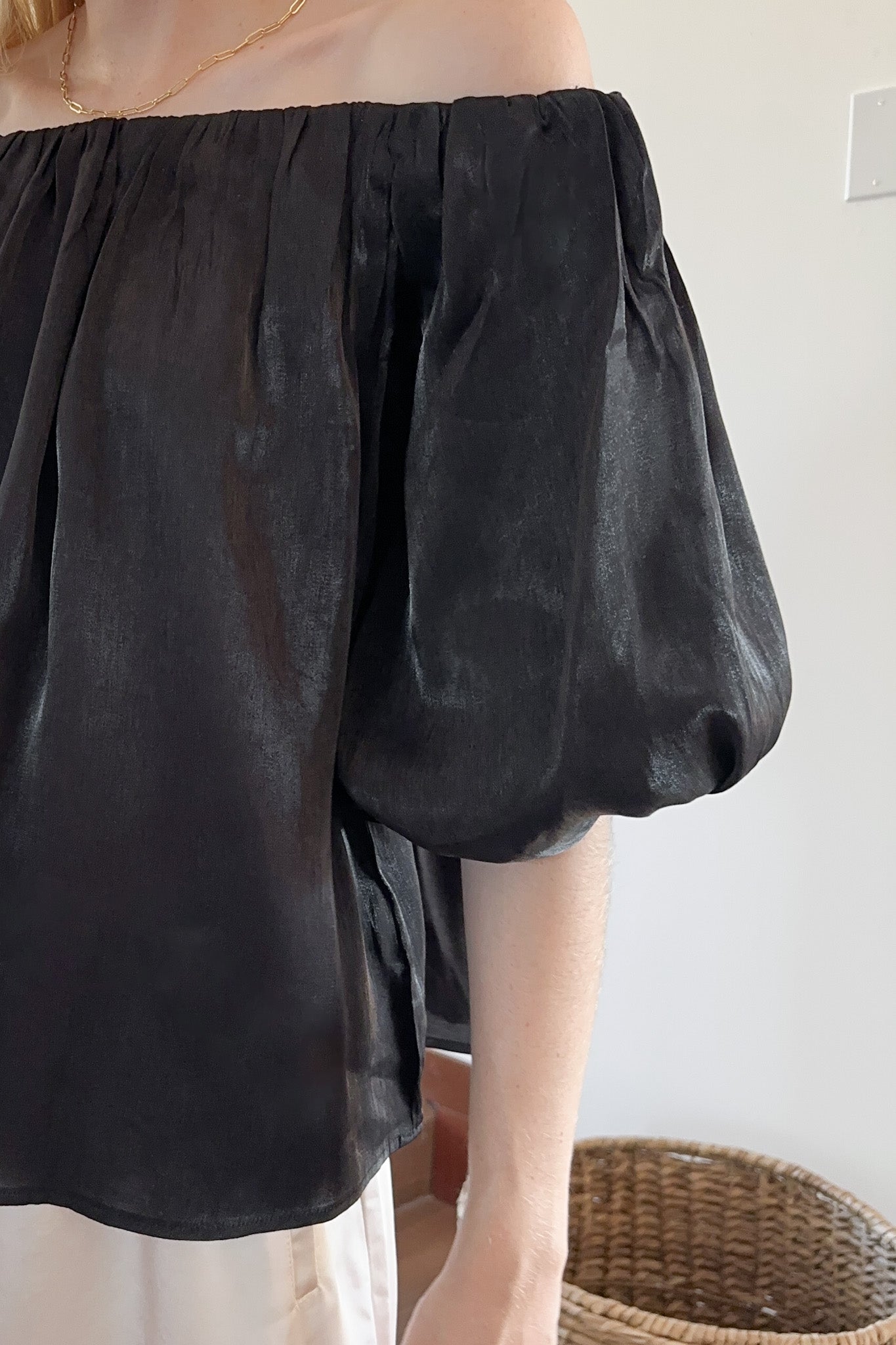 Let's Party Off The Shoulder Satin Blouse - Neutral Ground