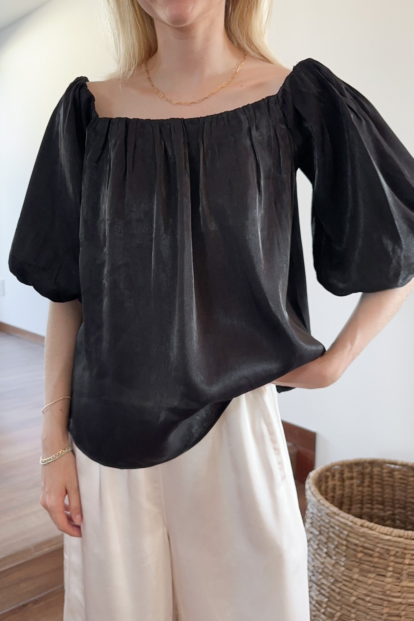 Let's Party Off The Shoulder Satin Blouse - Neutral Ground
