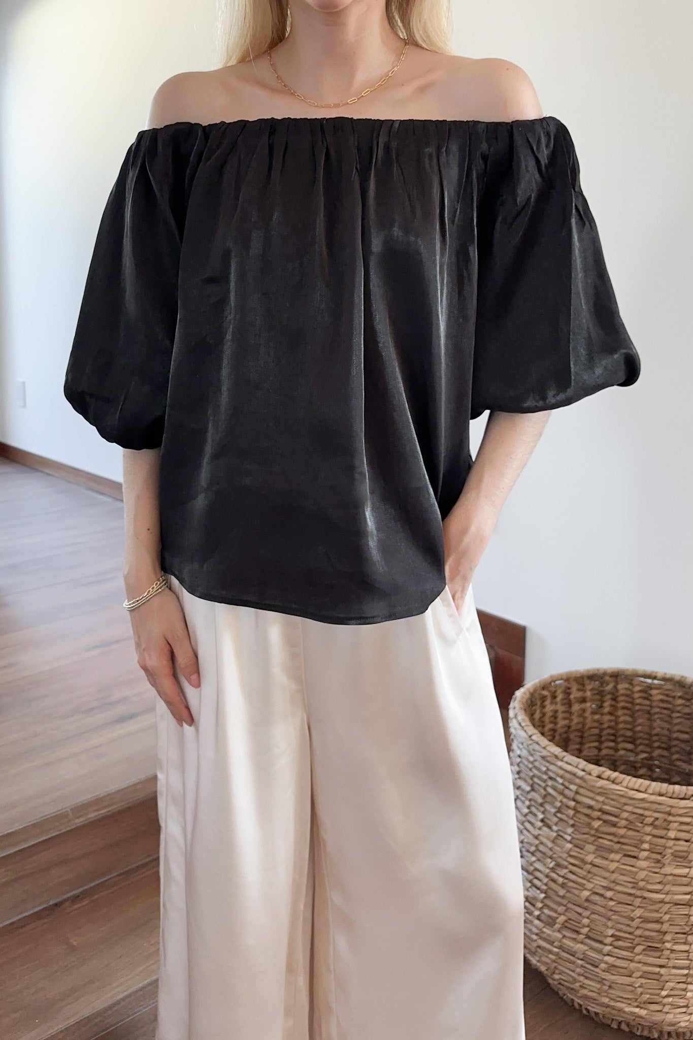 Let's Party Off The Shoulder Satin Blouse - Neutral Ground