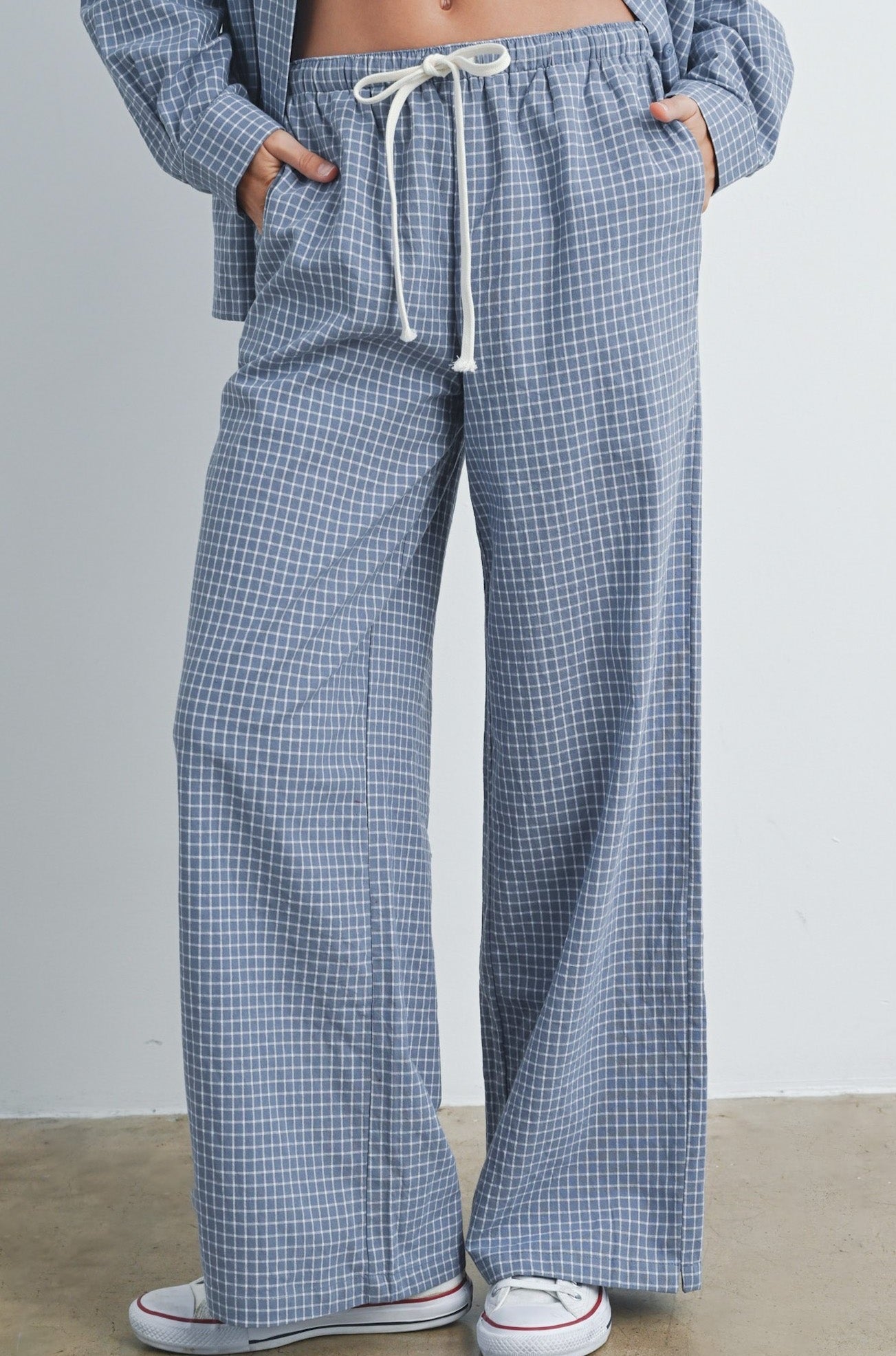 Lets Stay In Drawstring Check Pants in Dusty Blue - Neutral Ground