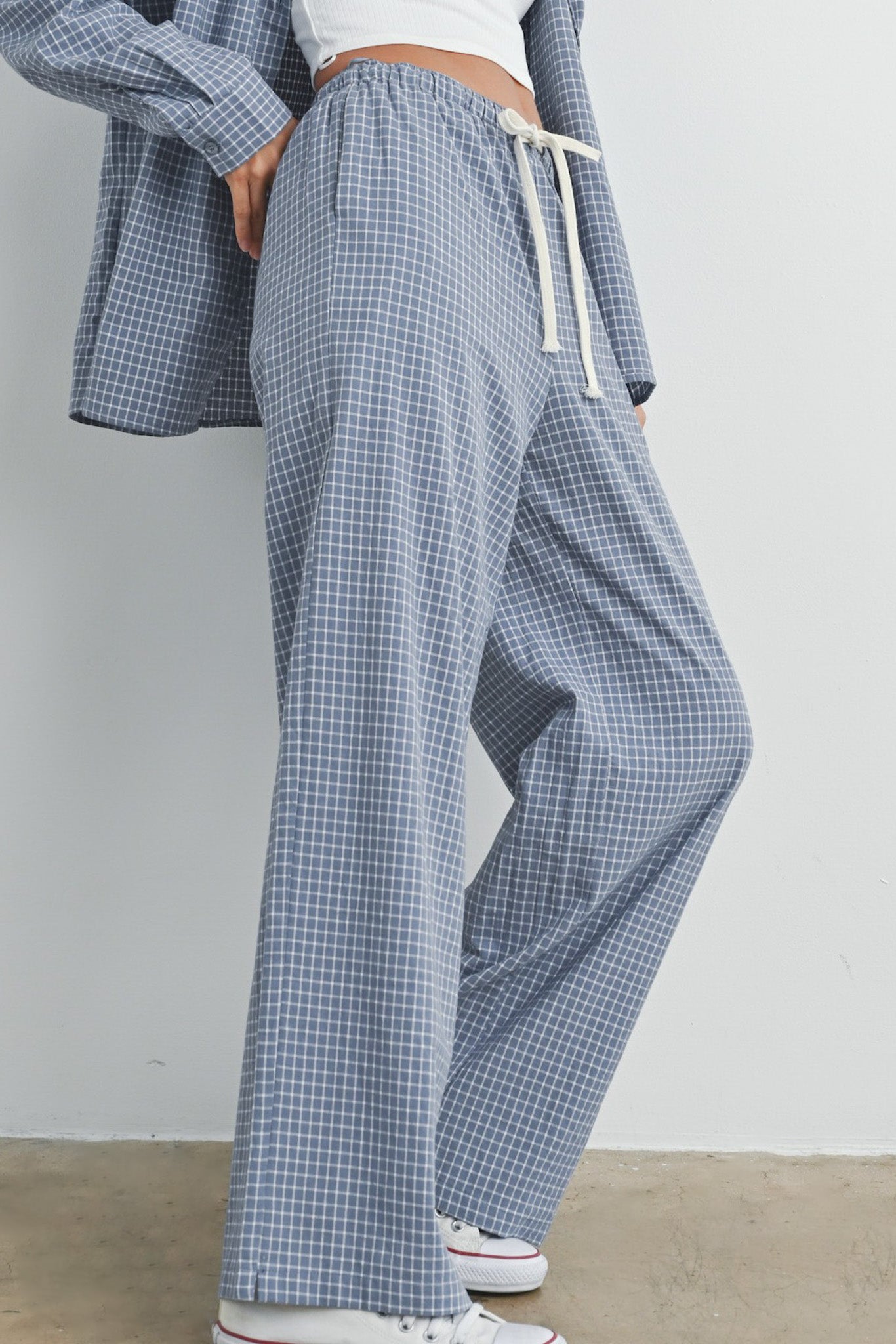 Lets Stay In Drawstring Check Pants in Dusty Blue - Neutral Ground