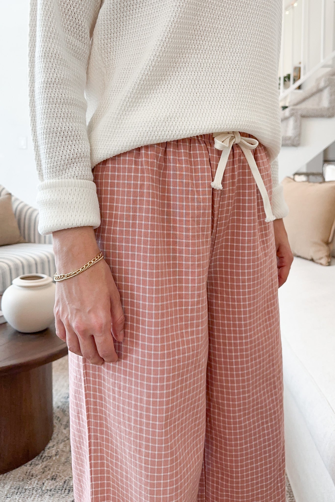 Lets Stay In Drawstring Check Pants in Rose - Neutral Ground