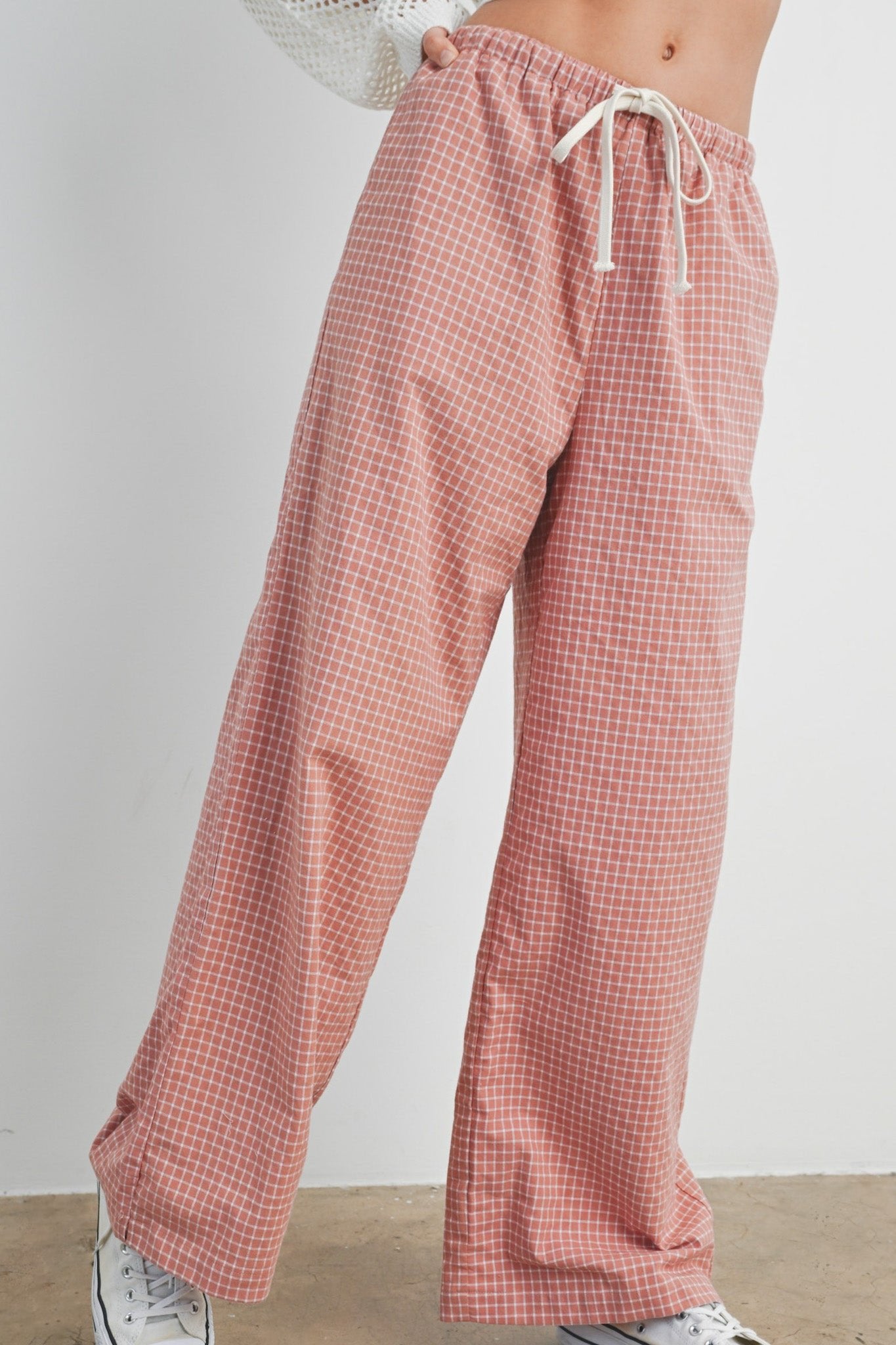 Lets Stay In Drawstring Check Pants in Rose - Neutral Ground