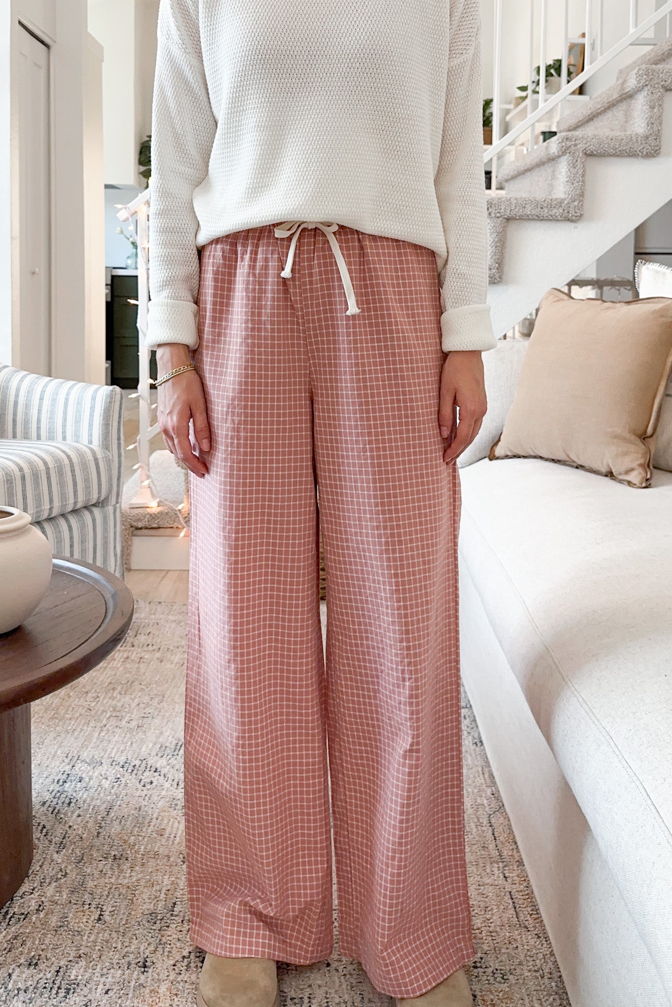 Lets Stay In Drawstring Check Pants in Rose - Neutral Ground