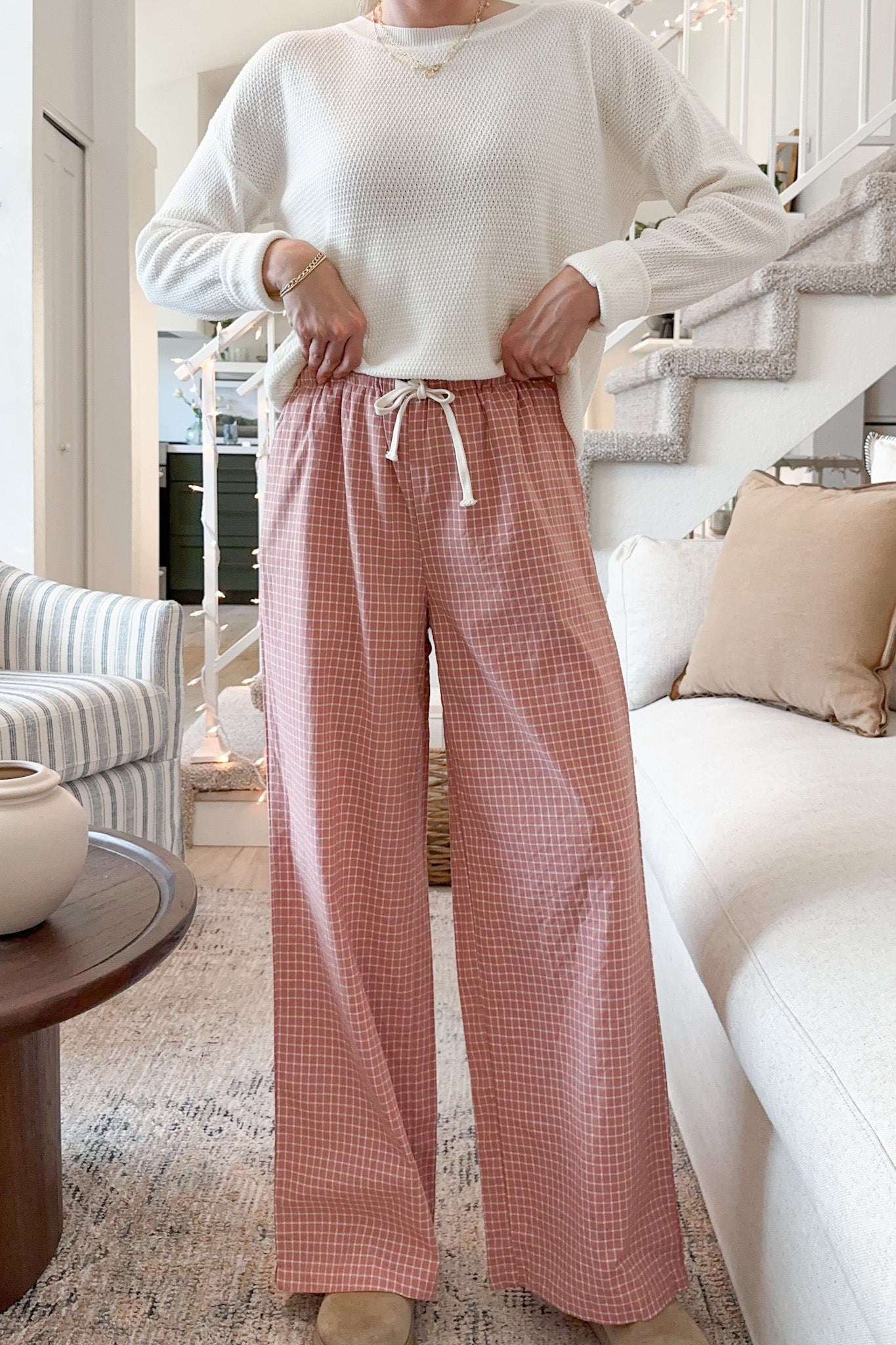 Lets Stay In Drawstring Check Pants in Rose - Neutral Ground