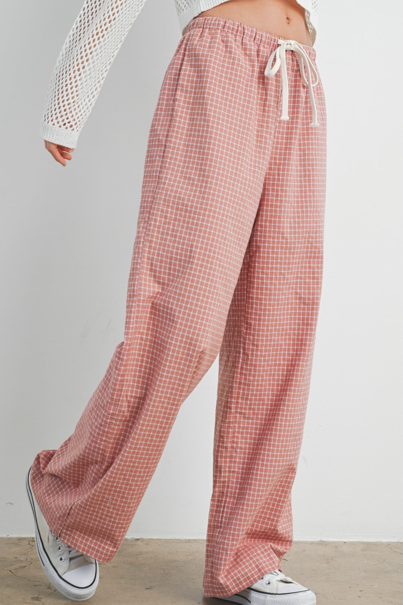 Lets Stay In Drawstring Check Pants in Rose - Neutral Ground