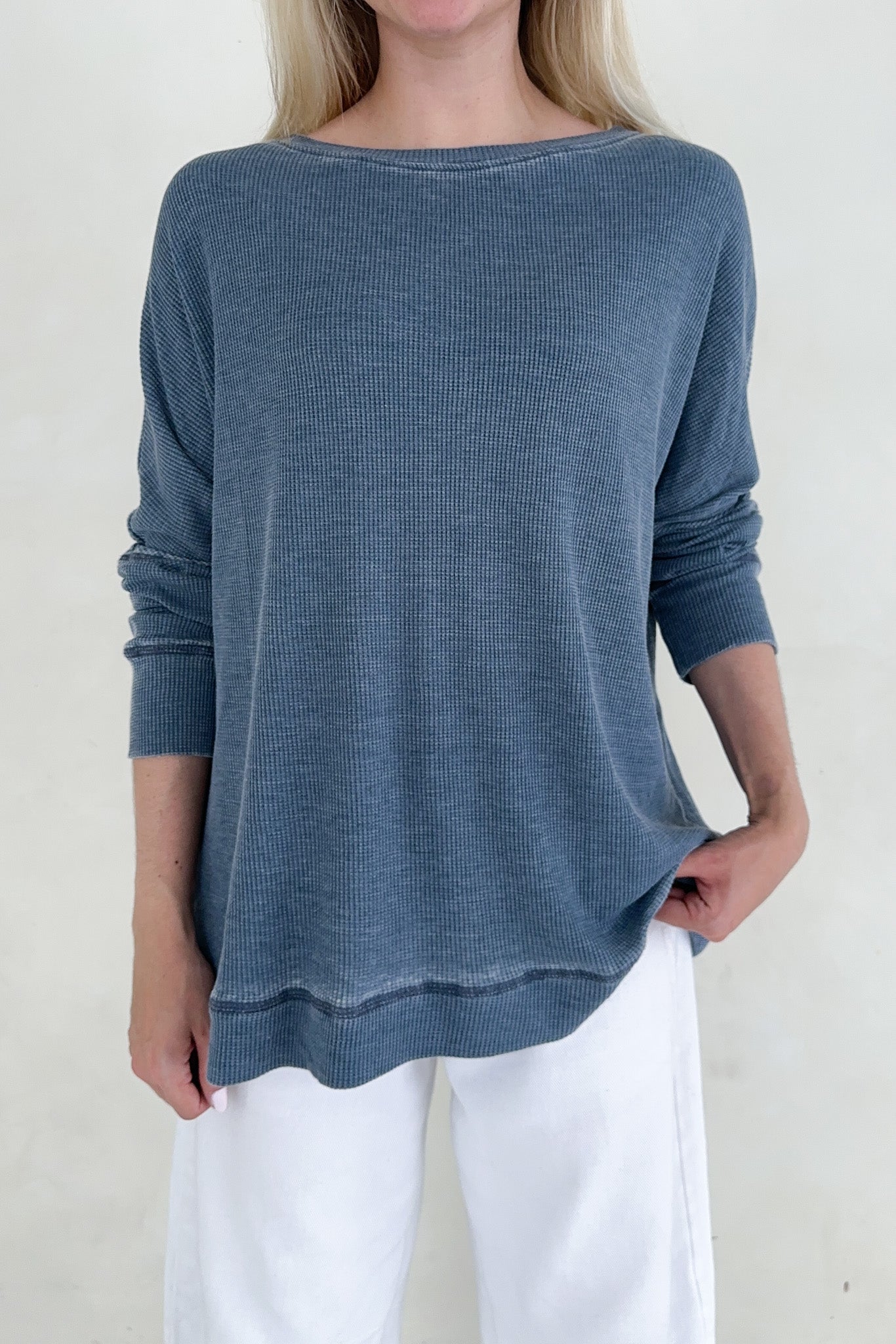 Libby Waffle Knit Boatneck Top in Light Navy - Neutral Ground