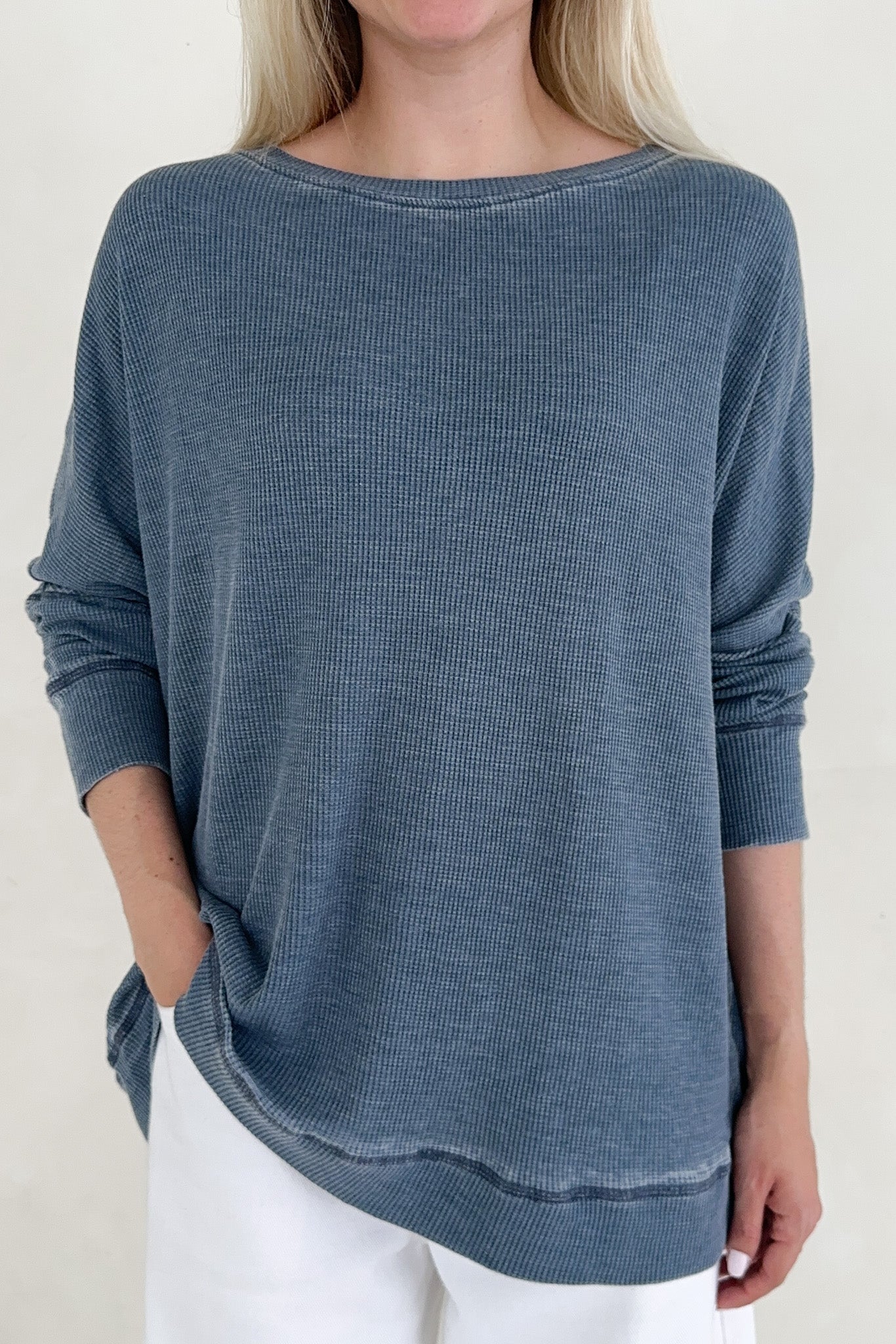 Libby Waffle Knit Boatneck Top in Light Navy - Neutral Ground