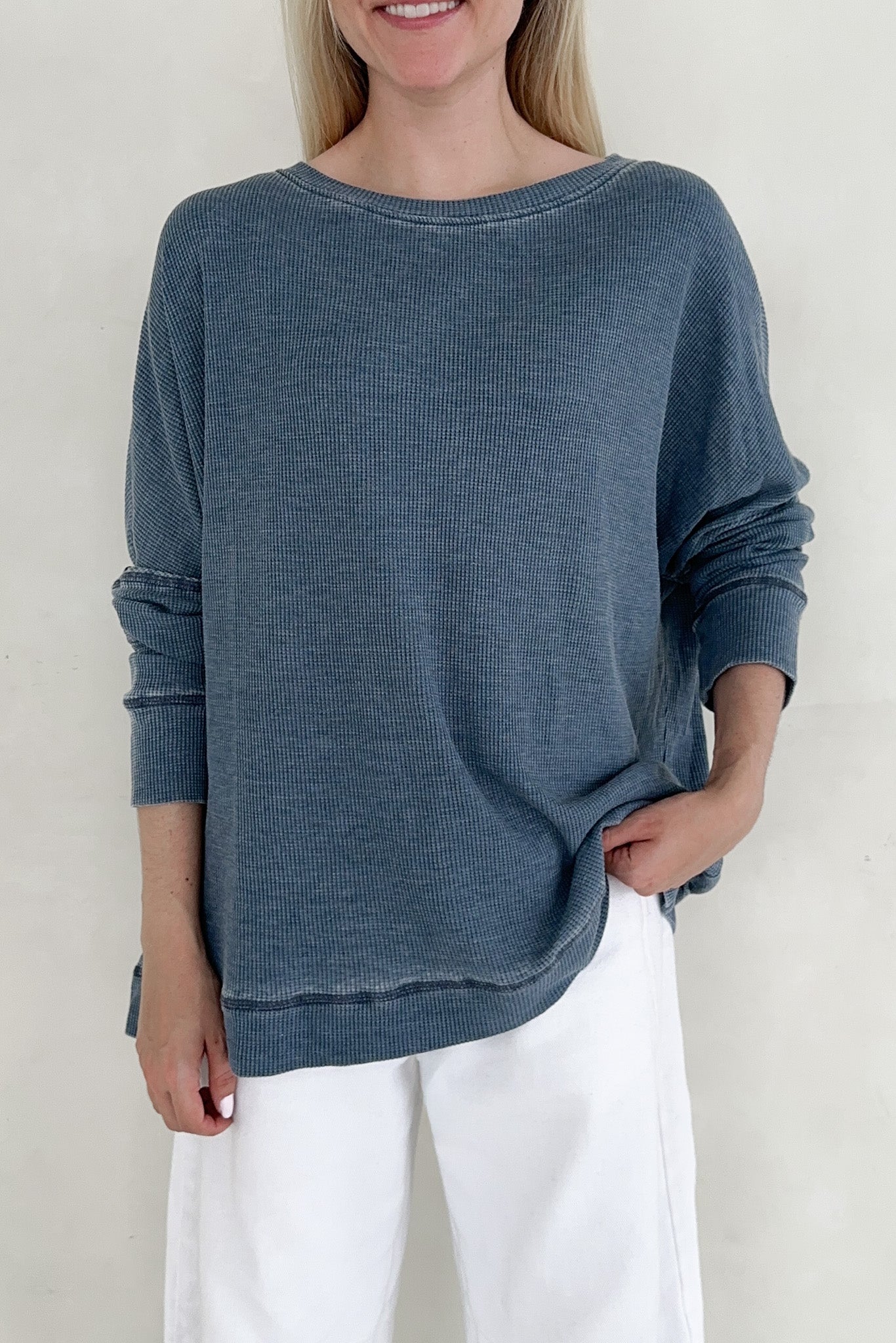 Libby Waffle Knit Boatneck Top in Light Navy - Neutral Ground