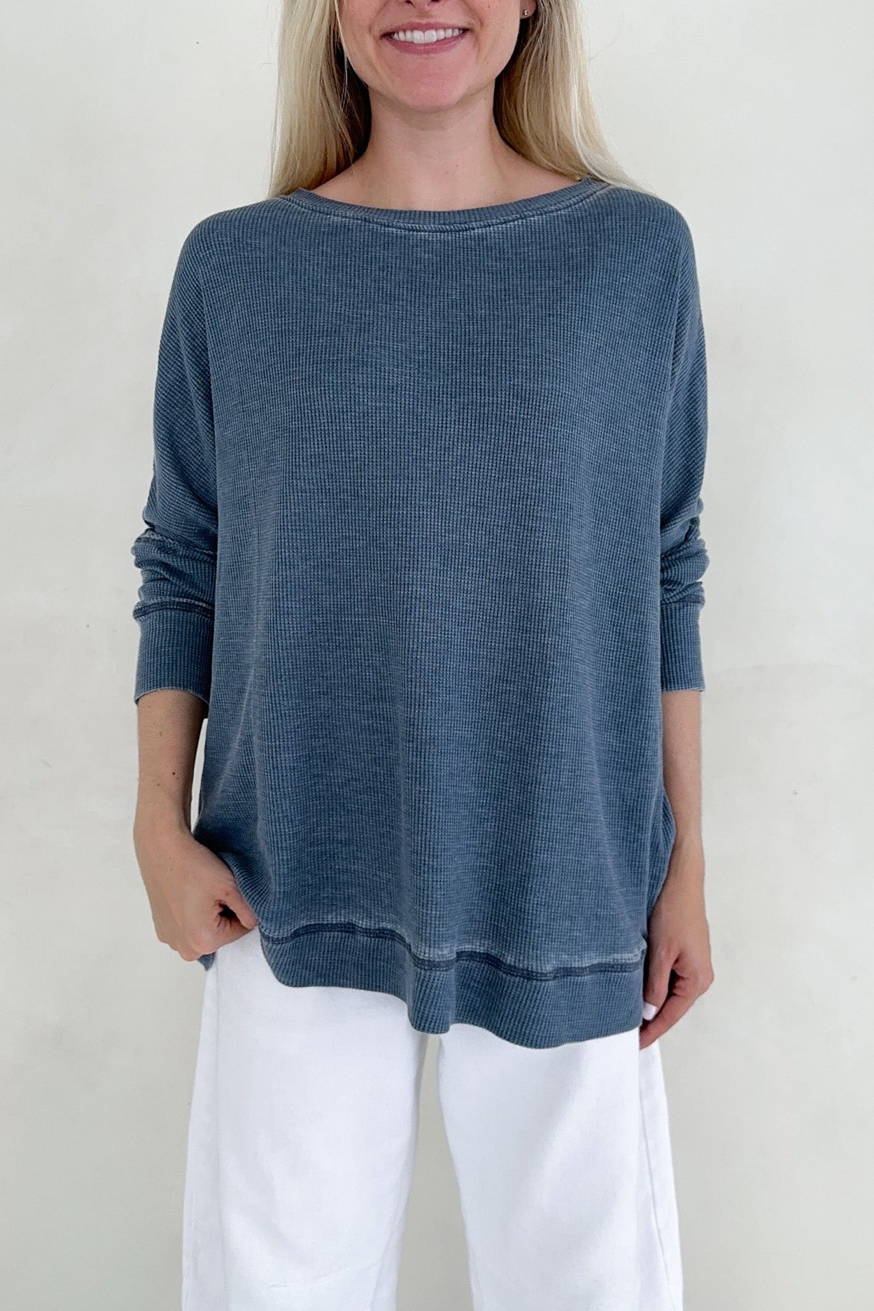 Libby Waffle Knit Boatneck Top in Light Navy - Neutral Ground
