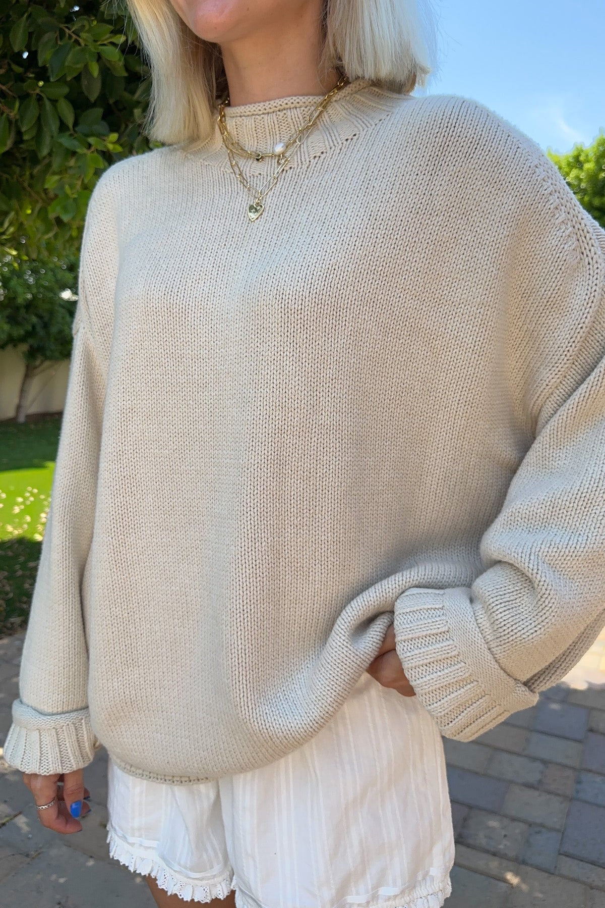 London Solid Knit Pullover Sweater in Oat - Neutral Ground