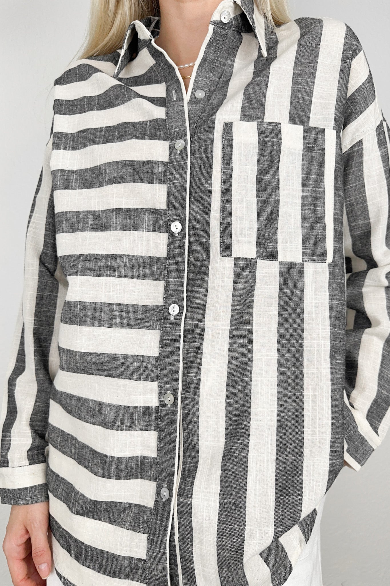 London Striped Button Down Shirt in Black - Neutral Ground