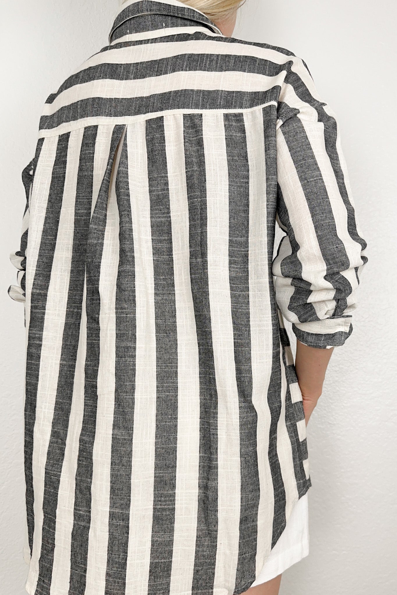 London Striped Button Down Shirt in Black - Neutral Ground