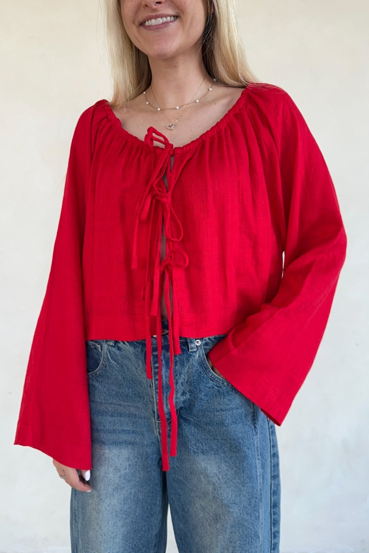 Long Live Textured Tie Front Blouse - Neutral Ground