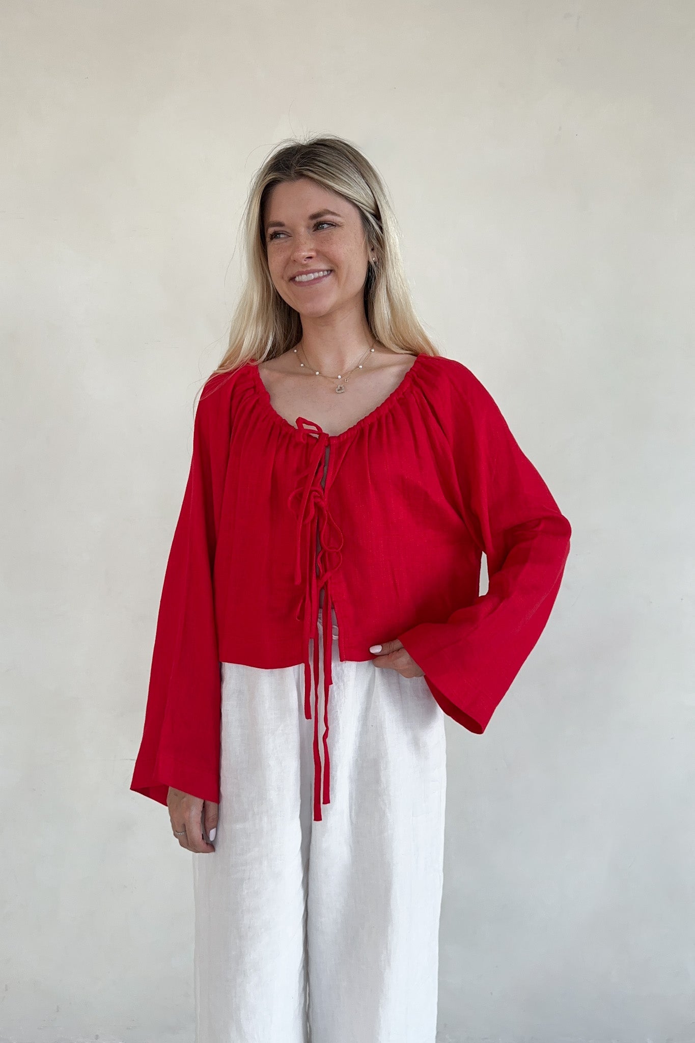 Long Live Textured Tie Front Blouse - Neutral Ground