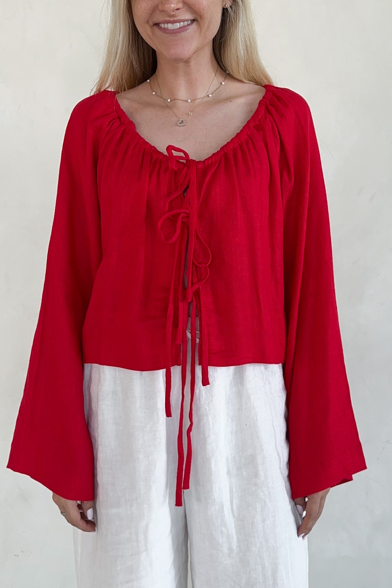 Long Live Textured Tie Front Blouse - Neutral Ground