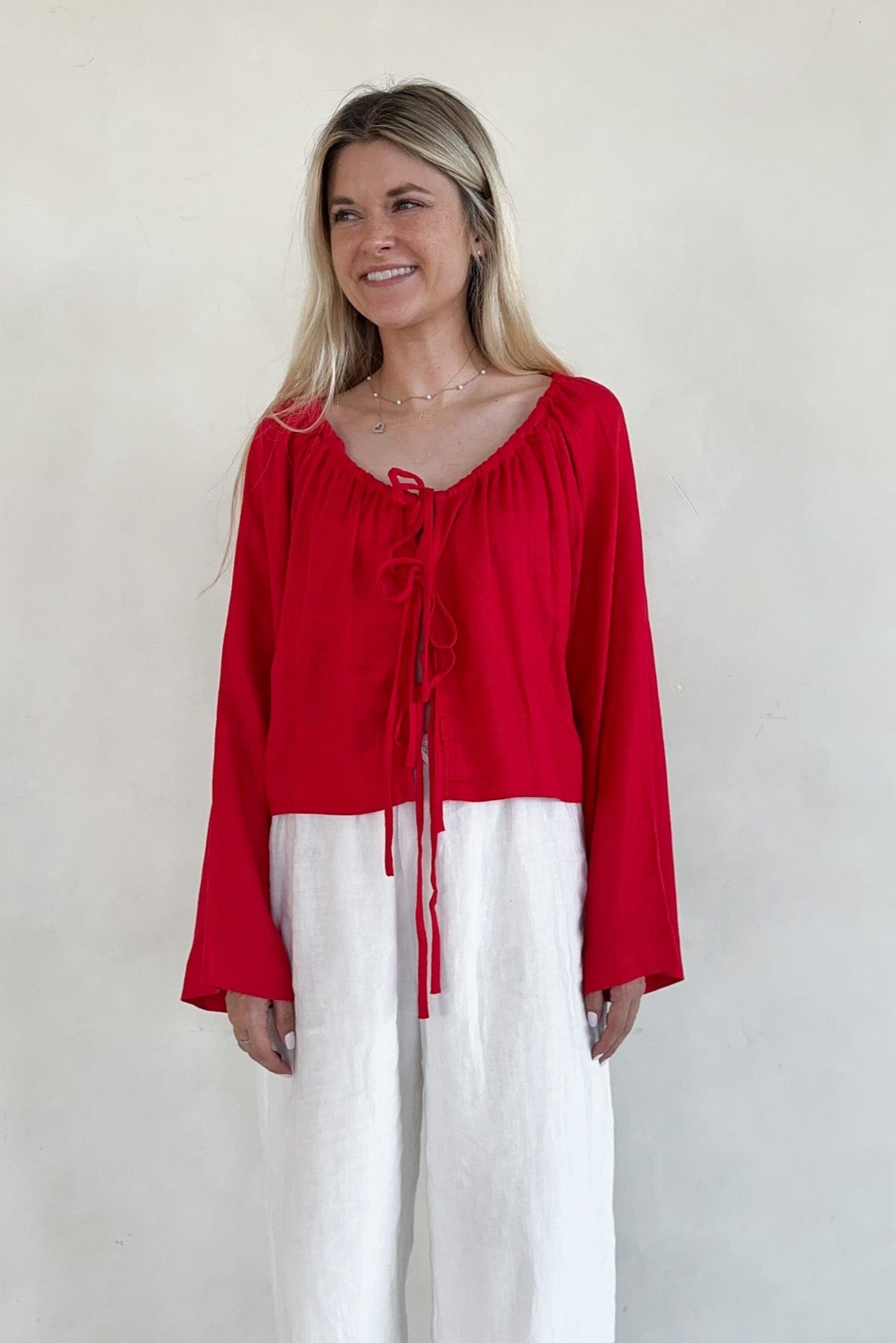 Long Live Textured Tie Front Blouse - Neutral Ground