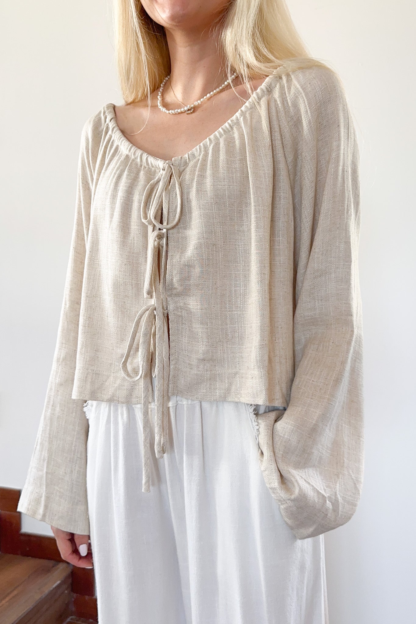 Long Live Textured Tie Front Blouse in Natural - Neutral Ground