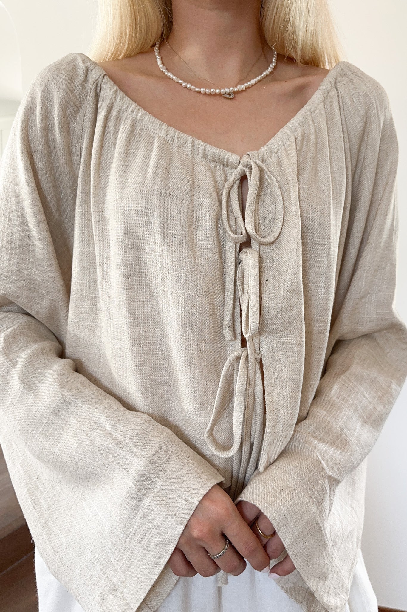 Long Live Textured Tie Front Blouse in Natural - Neutral Ground