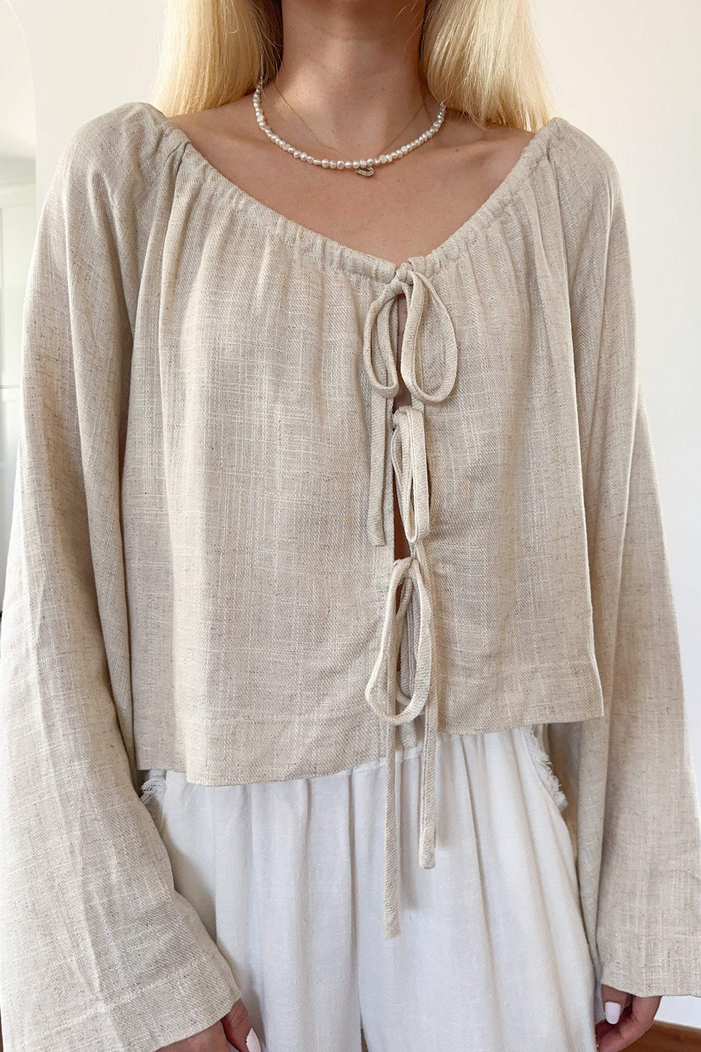 Long Live Textured Tie Front Blouse in Natural - Neutral Ground