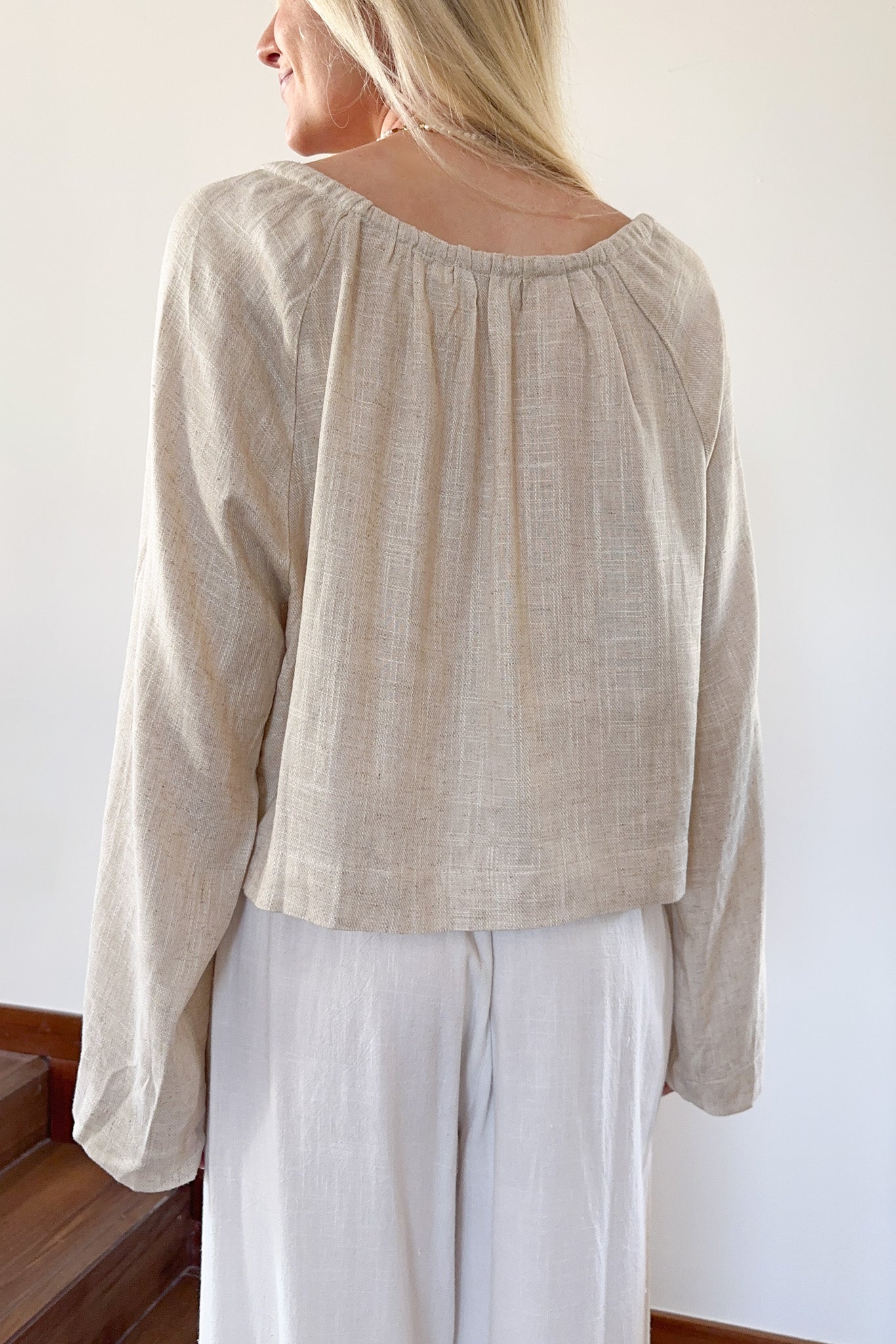 Long Live Textured Tie Front Blouse in Natural - Neutral Ground
