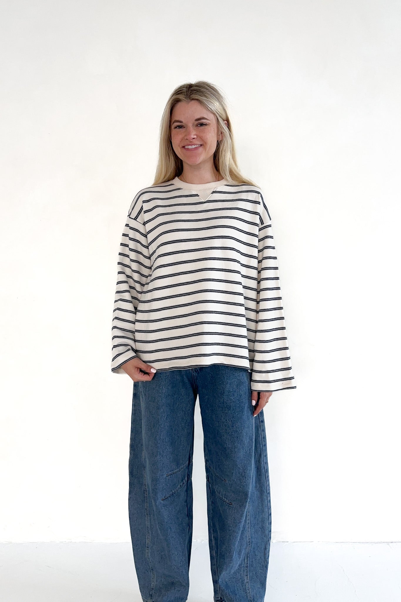 Low Key Cotton Striped Pullover Top - Neutral Ground