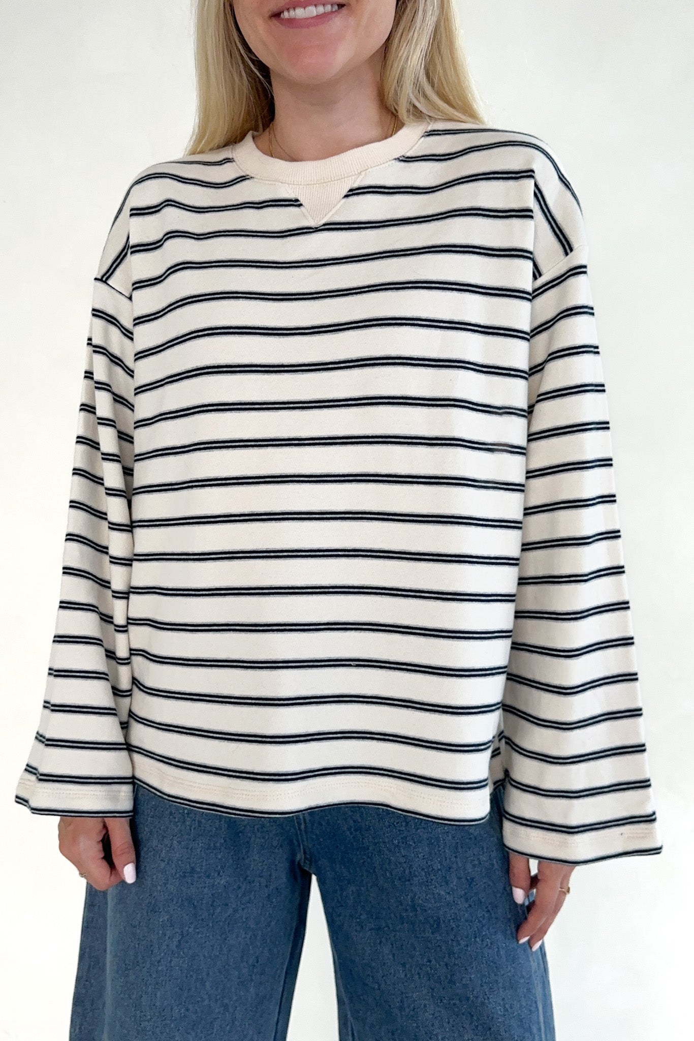 Low Key Cotton Striped Pullover Top - Neutral Ground