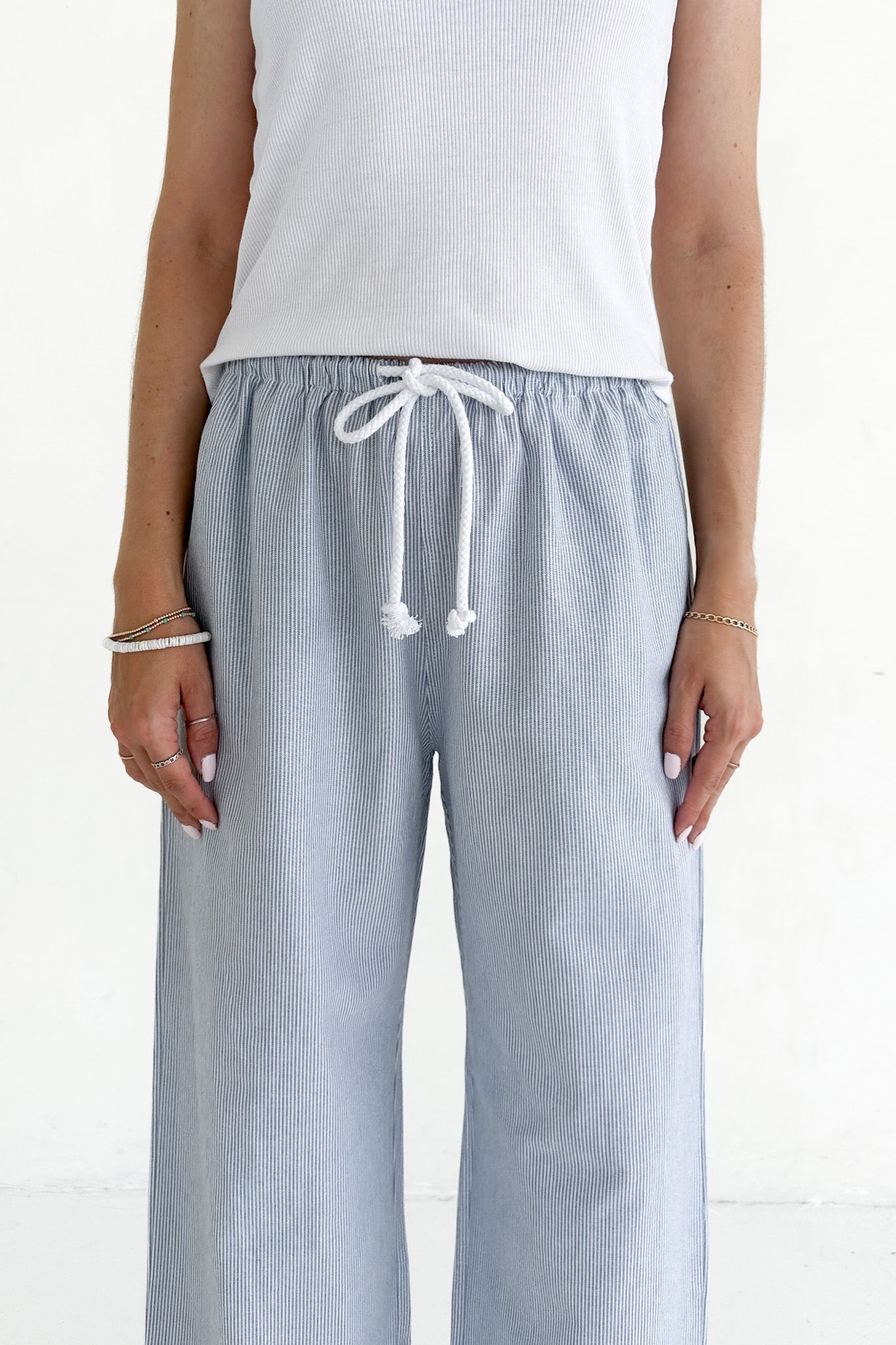 Low Tide Blue Pinstripe Wide Leg Linen Blend Pants - Neutral Ground