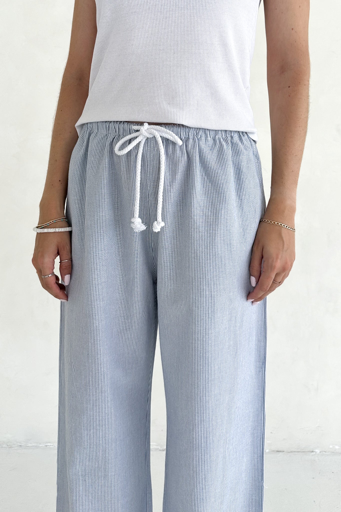 Low Tide Blue Pinstripe Wide Leg Linen Blend Pants - Neutral Ground