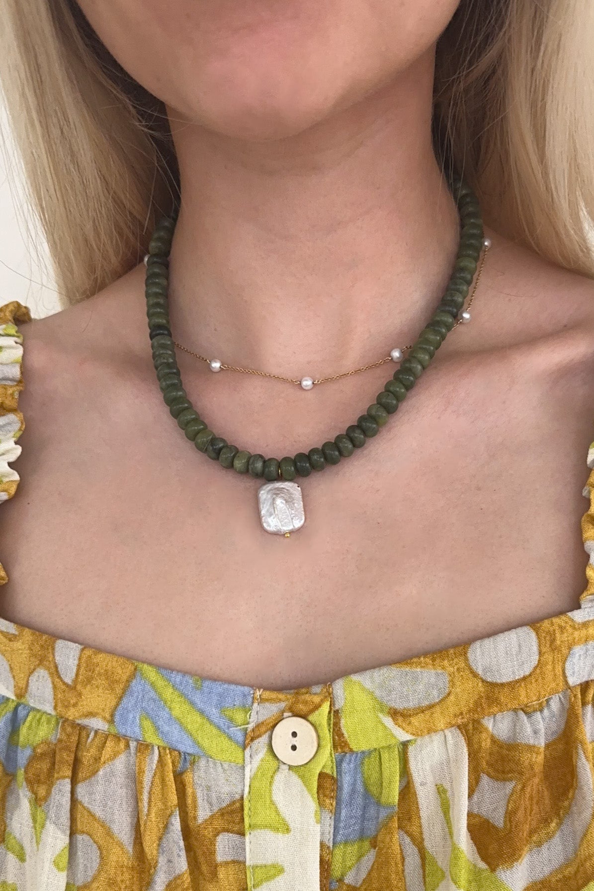 Lua Green Jade and Pearl Natural Stone Necklace - Neutral Ground