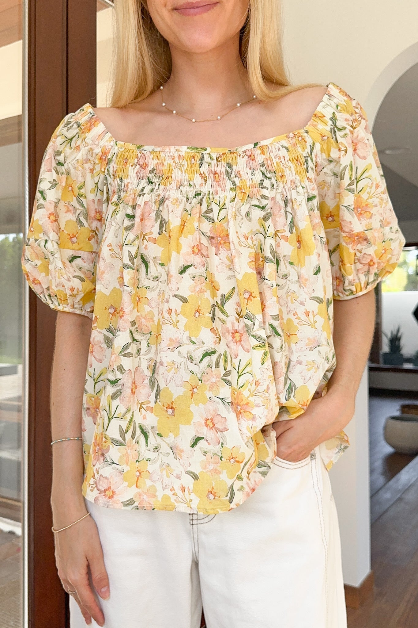 Lulu Floral On And Off The Shoulder Top - Neutral Ground