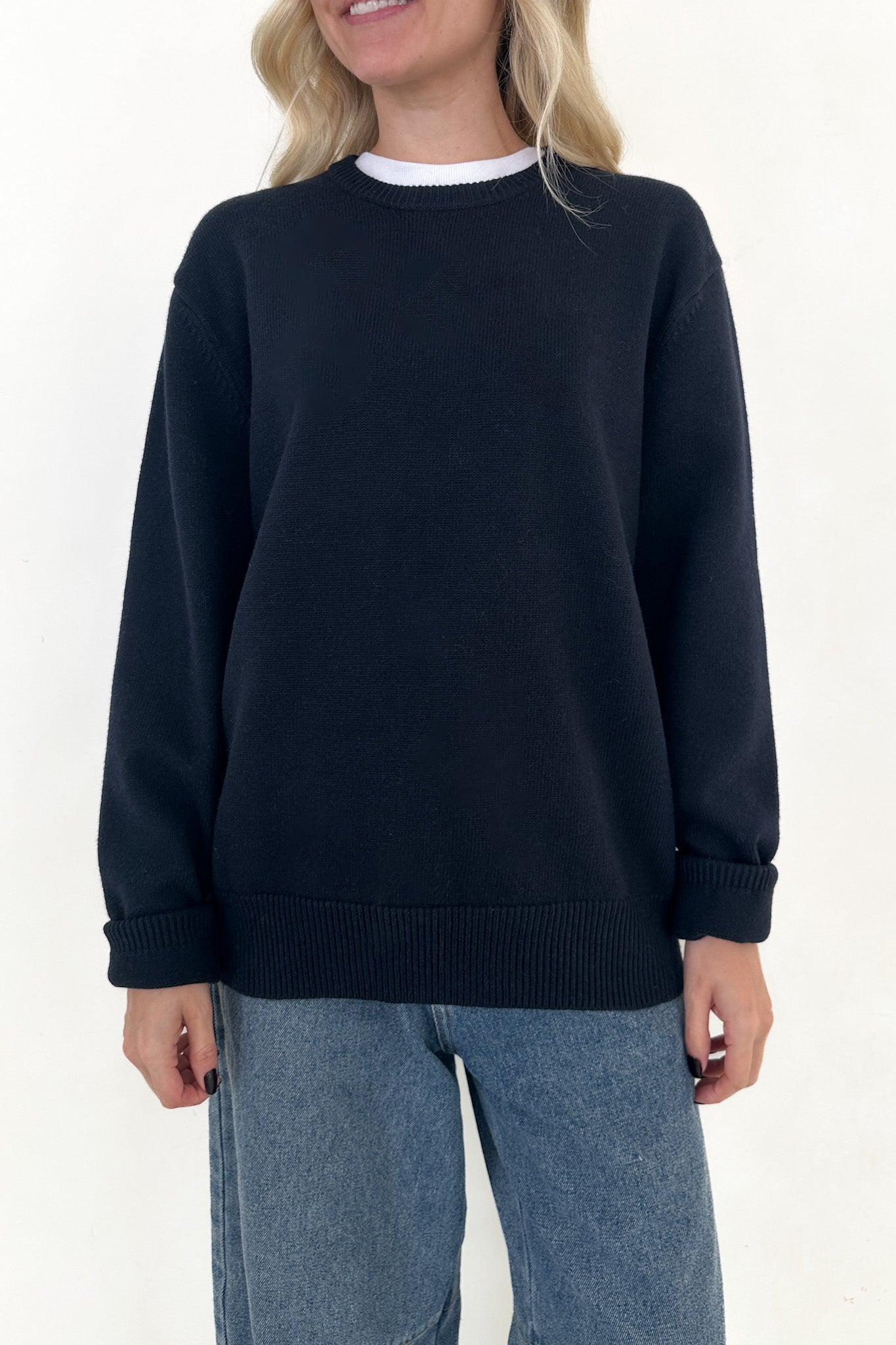 Maddox Essential Crew Neck Boyfriend Sweater in Navy - Neutral Ground