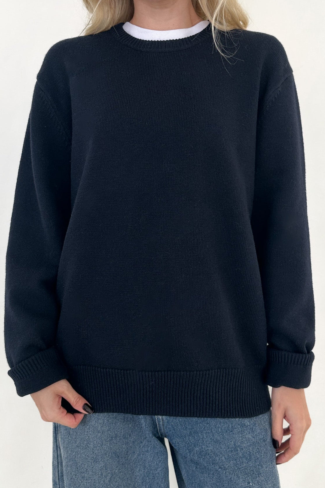 Maddox Essential Crew Neck Boyfriend Sweater in Navy - Neutral Ground
