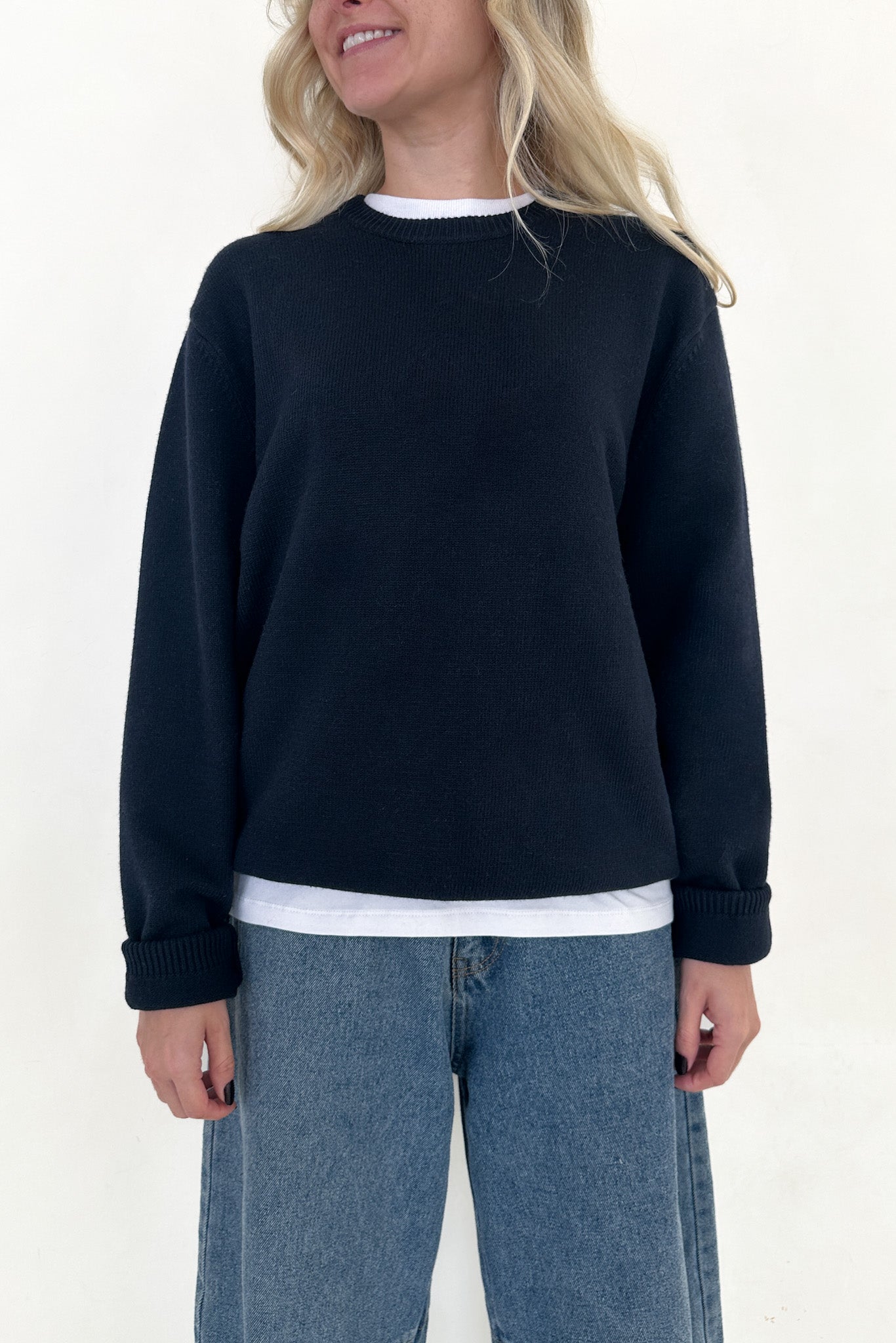 Maddox Essential Crew Neck Boyfriend Sweater in Navy - Neutral Ground