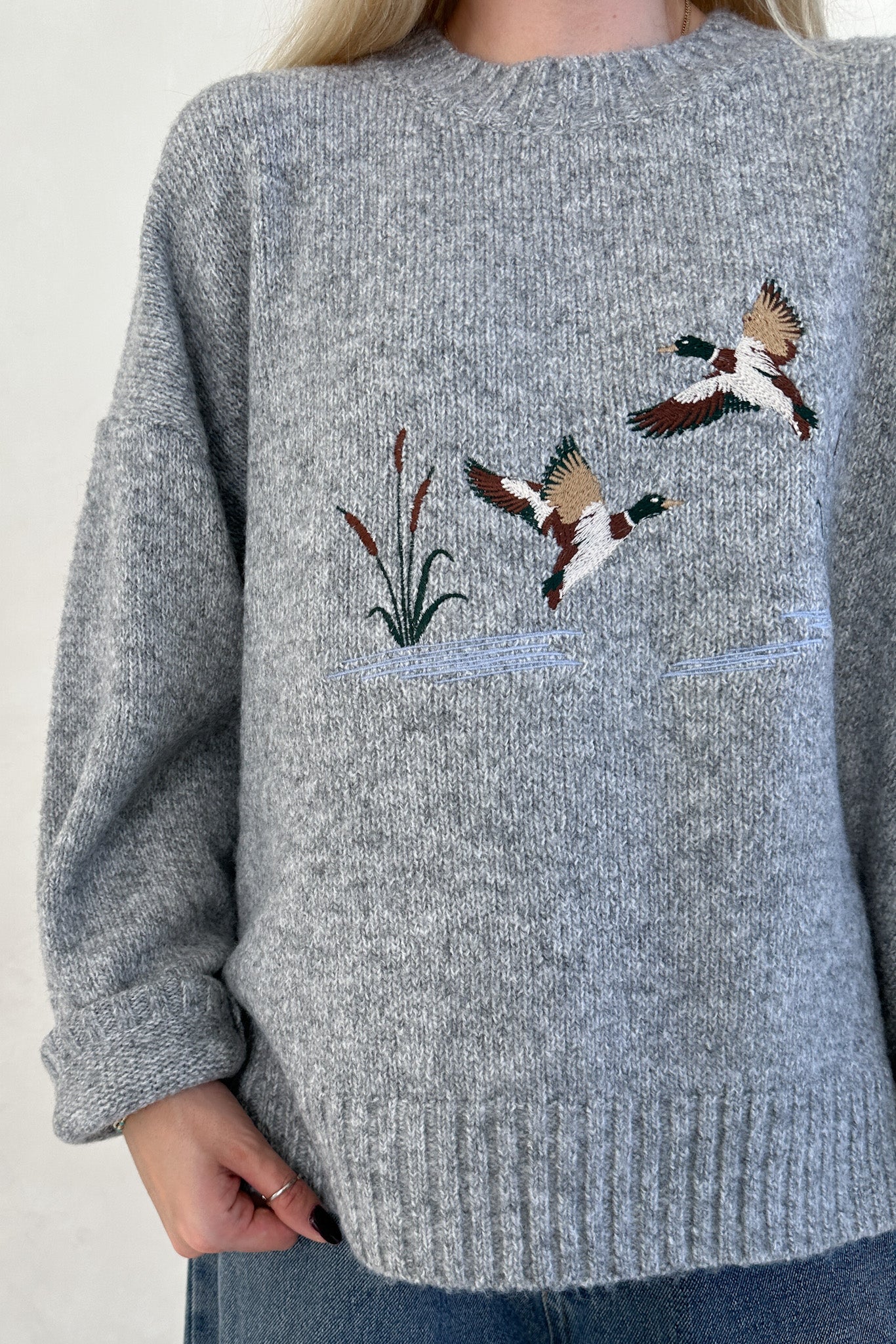 Mallard Embroidered Duck Knit Sweater in Heather Grey - Neutral Ground