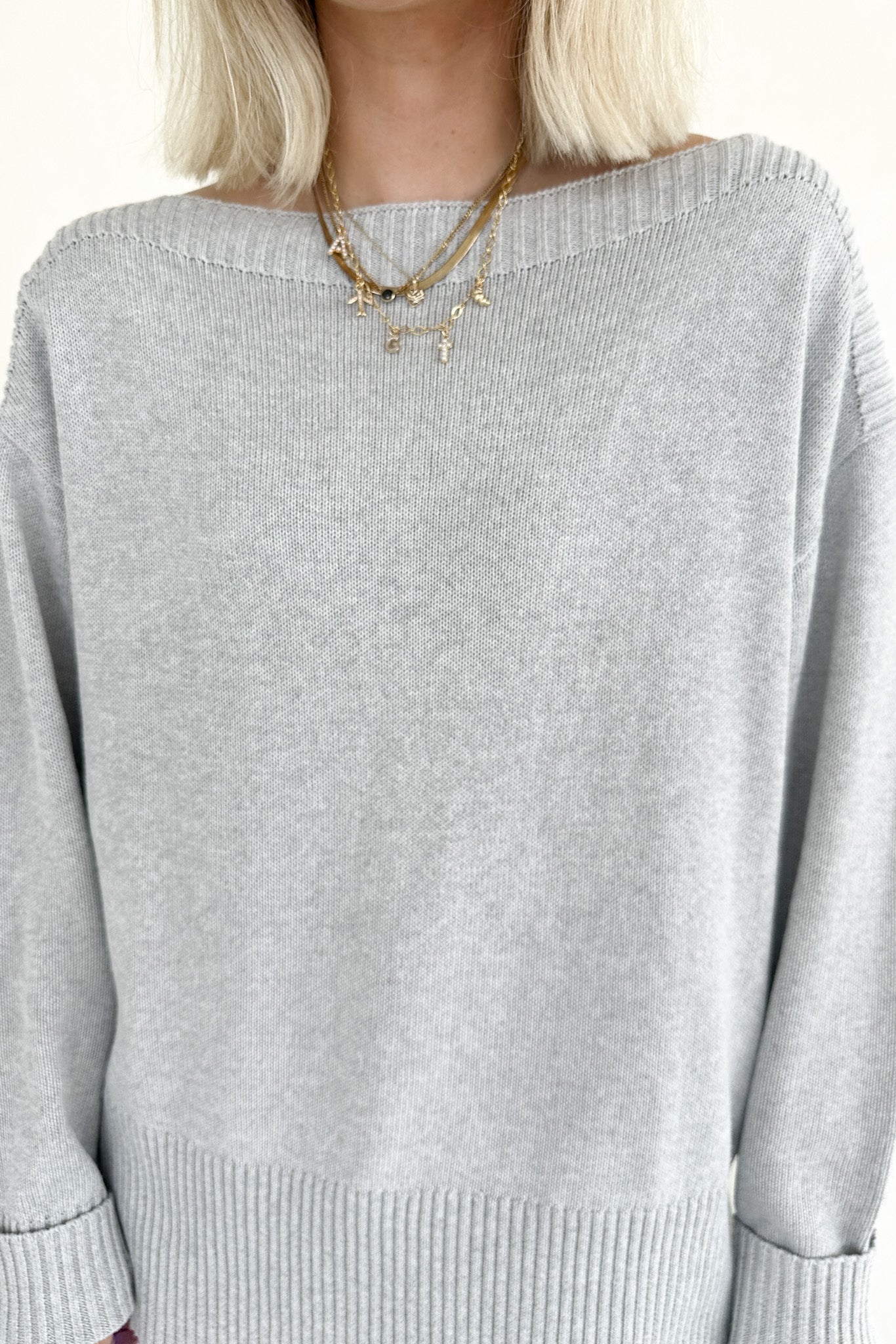 Maren Wide Boat Neck Dropped Shoulder Pullover Sweater in Grey - Neutral Ground