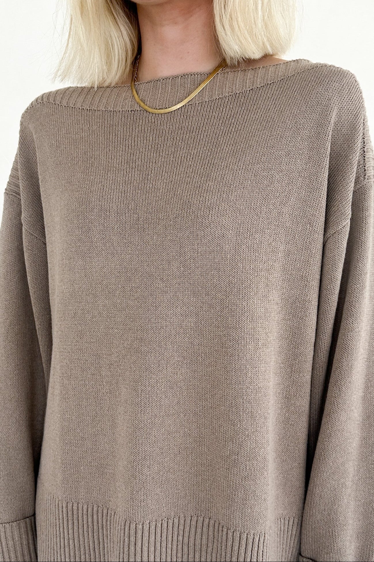 Maren Wide Boat Neck Dropped Shoulder Pullover Sweater in Mocha - Neutral Ground