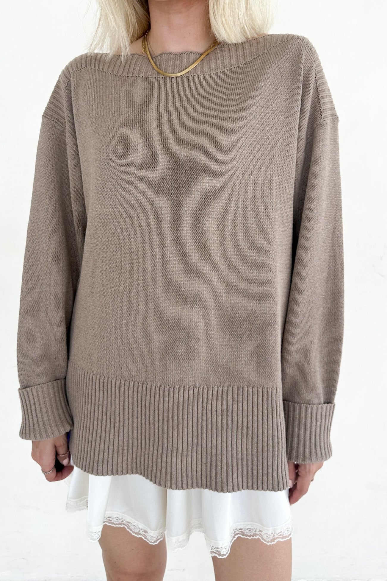 Maren Wide Boat Neck Dropped Shoulder Pullover Sweater in Mocha - Neutral Ground